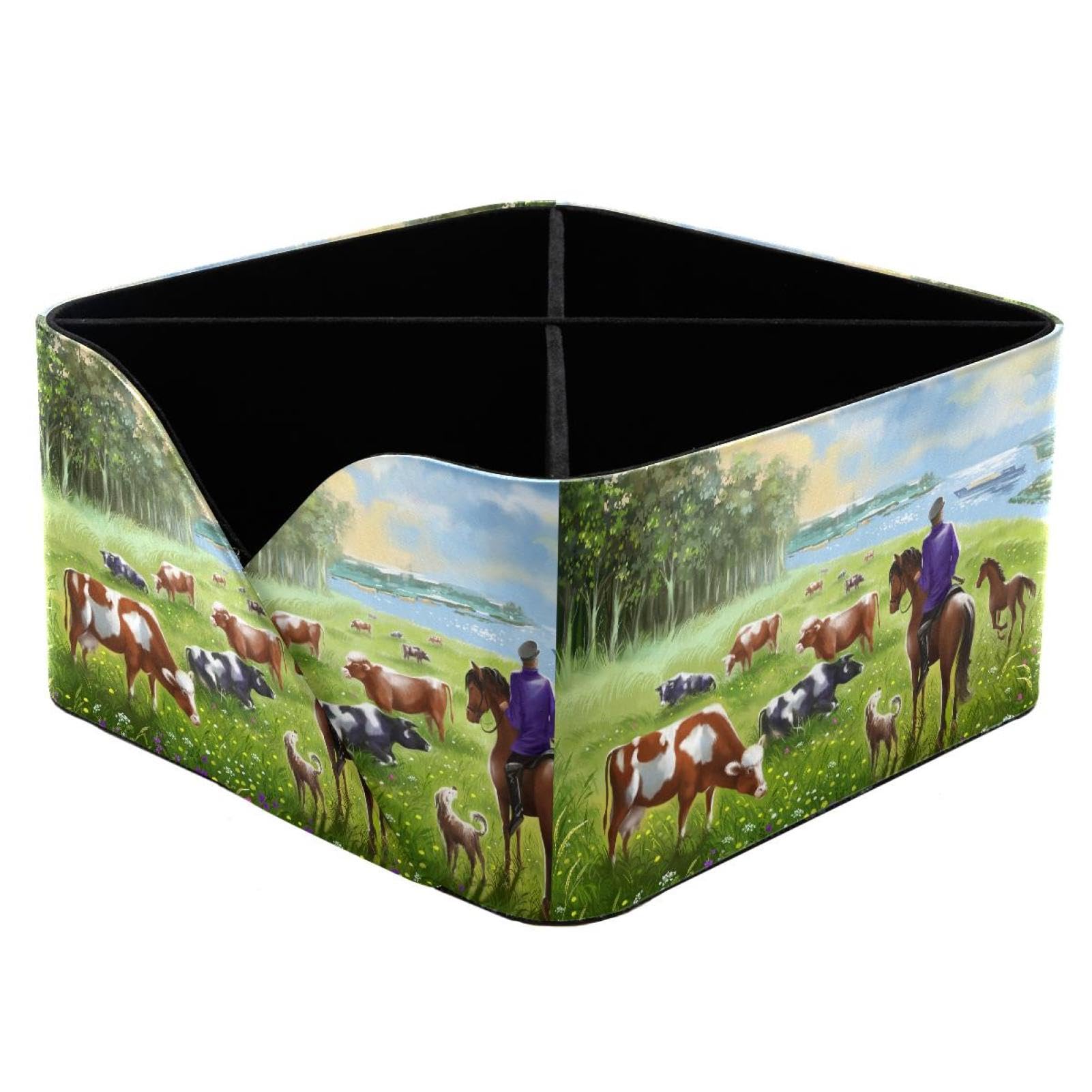 KengjuTesu Summer Solar Meadow Cows Shepherd Horse Desktop Organizer Pen Holder, Rectangular Pencil Cup for Office, Study and Makeup Stations