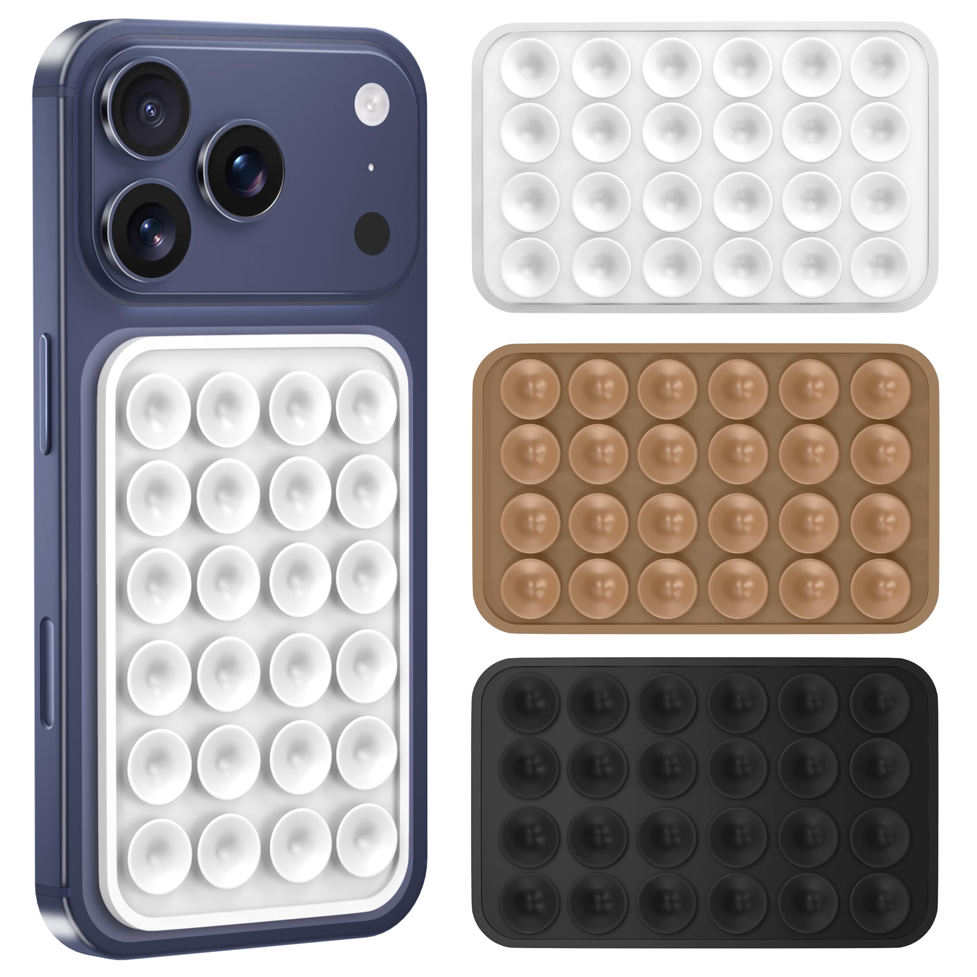 Sounce Suction Phone Case Anti-Slip Silicone Hands-Free Sticky Pads for Phone Case Mount for Selfies Videos Mirror Shower Car Dashboard - Black, White, Brown (Pack of 3)-image-46