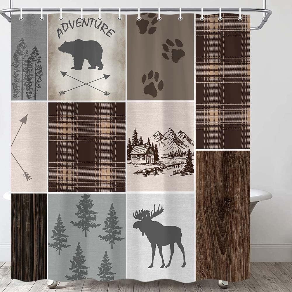Rustic Farm Shower Curtain, Retro Bear Moose Lodge Vintage Farmhouse Shower Curtain Sets, Wild Duck Leaves Mountain Hill Retro Decor Barhroom Curtain with Hooks, 72''X84''