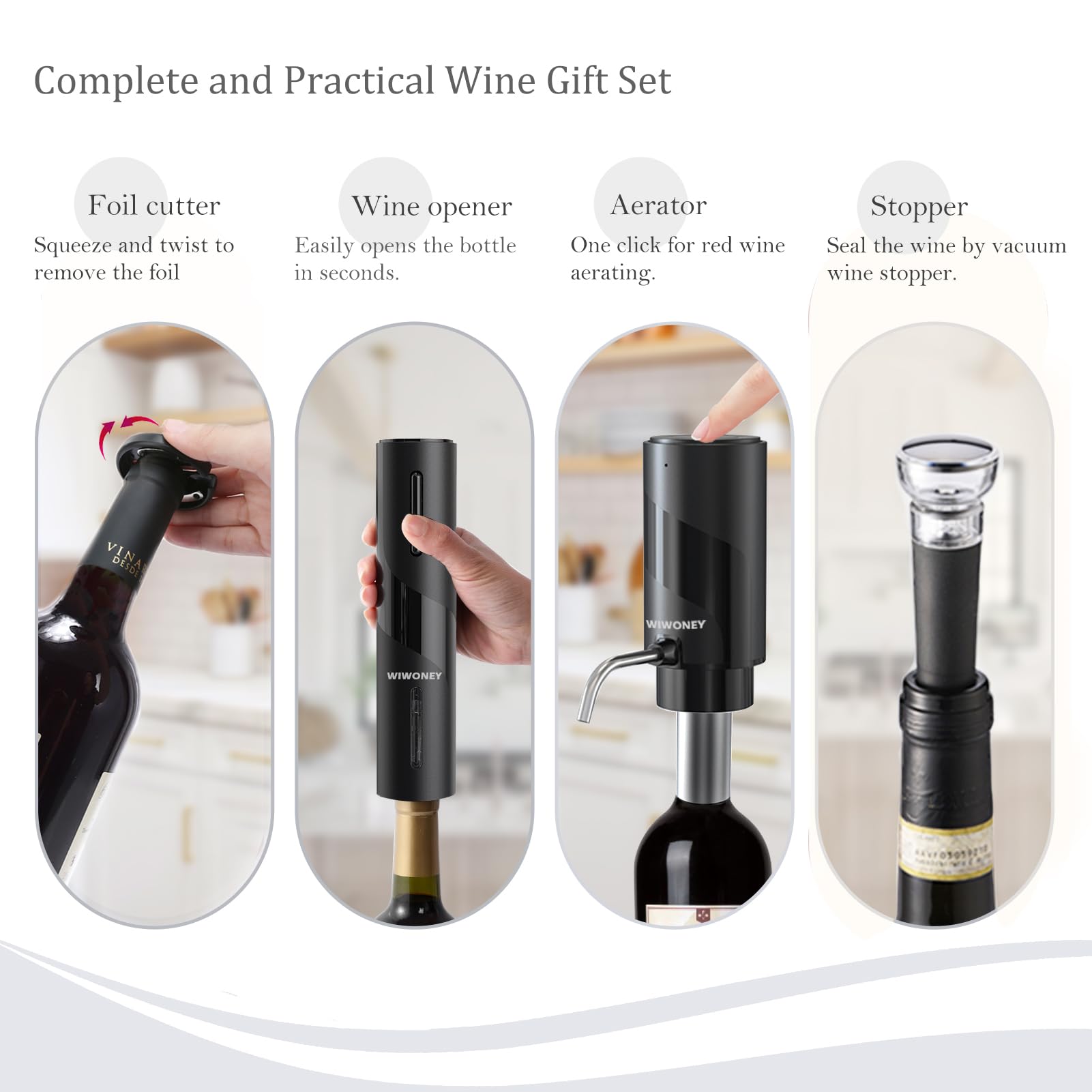 Korkenzieher Elektrisch Wiederaufladbar, 4 in 1 Set mit Automatischer Flaschenöffner, Elektrischer Weinbelüfter, Folienschneider und Vakuumstopfen, Geschenkset für Weinliebhaber, Schwarz