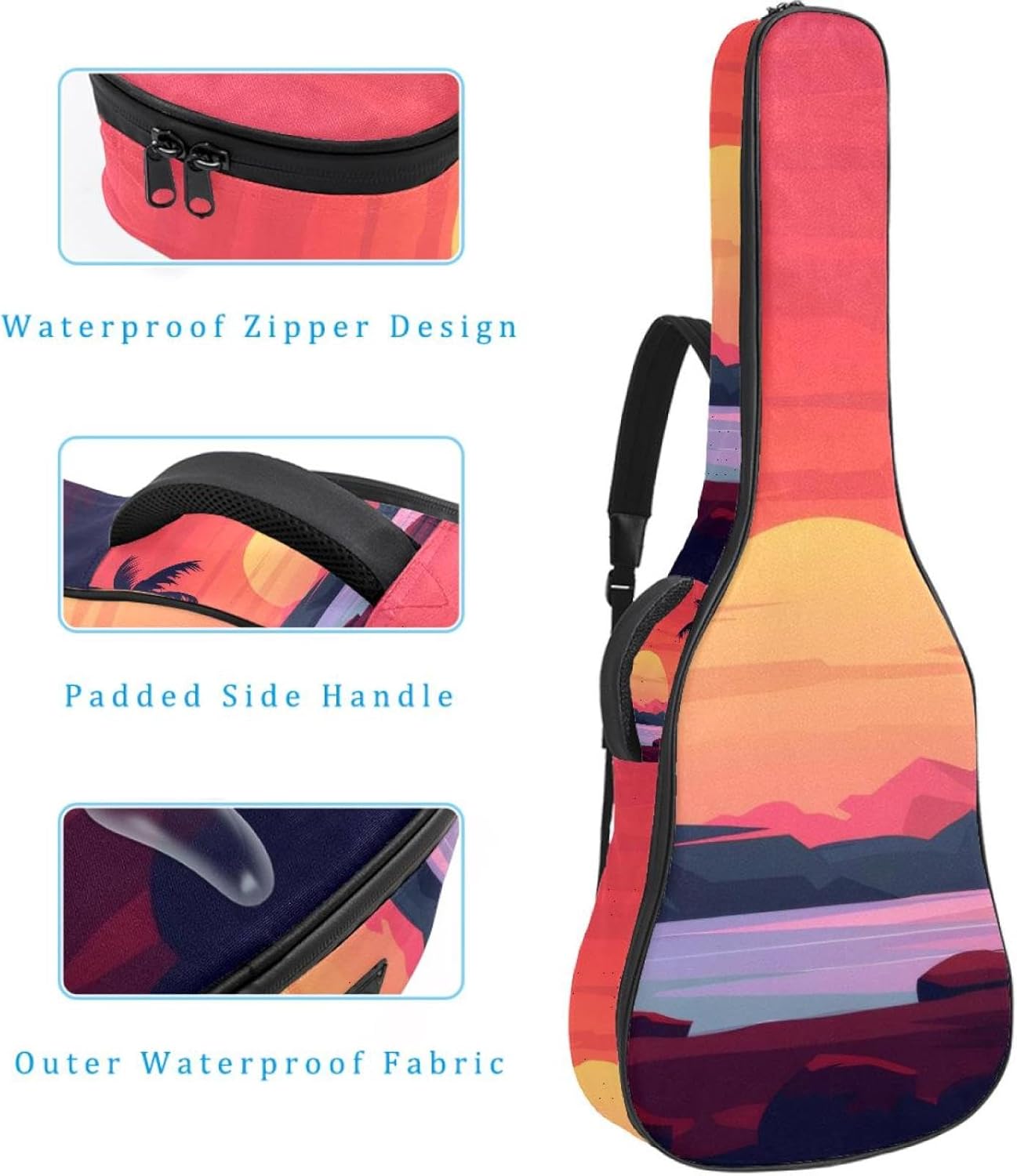 Acoustic Guitar Bag, 40 41 42 Inch Guitar Case Cover Soft Guitar Gig Bag for Acoustic Electric Bass Classical Guitar, Landscape Sunset with the Palms