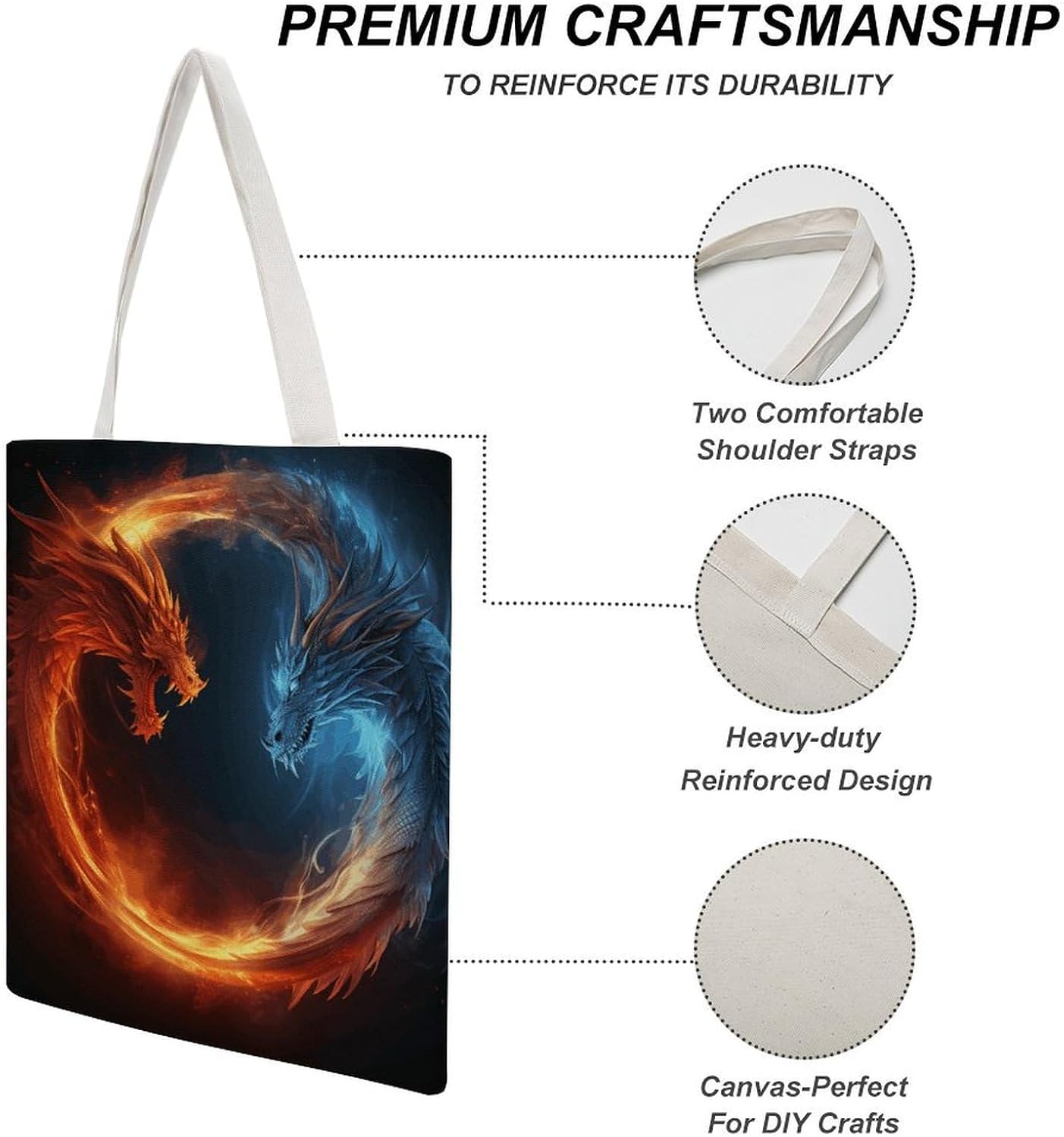 Canvas Tote Bag 16x15 In Lightweight Foldable Shoulder Hobo Purse | Fire And Ice Dragons, Casual Tote with 10" Strap, Everyday Carryall, for Travel Work Grocery Shopping Beach Mark Gym Yoga