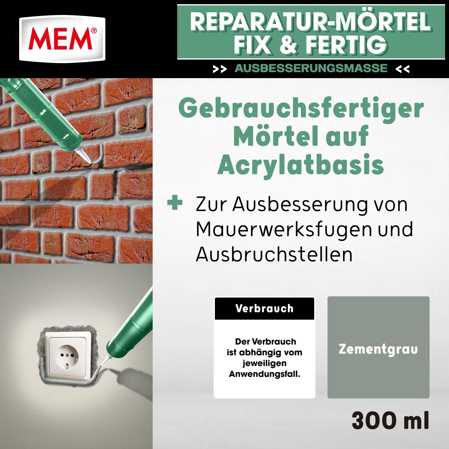 MEM – Malta per riparazione Fix e pronta da 300 ml, Acrilico, Grigio Mem-500600