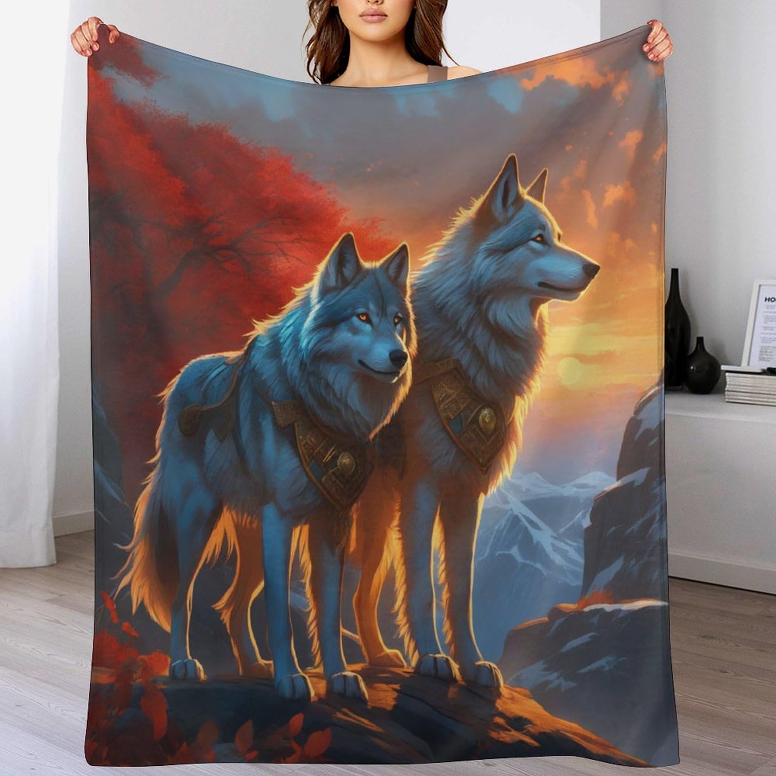 Couverture loup contre le froid, plaid flannel ultra doux pour grand canapé-lit 180x200