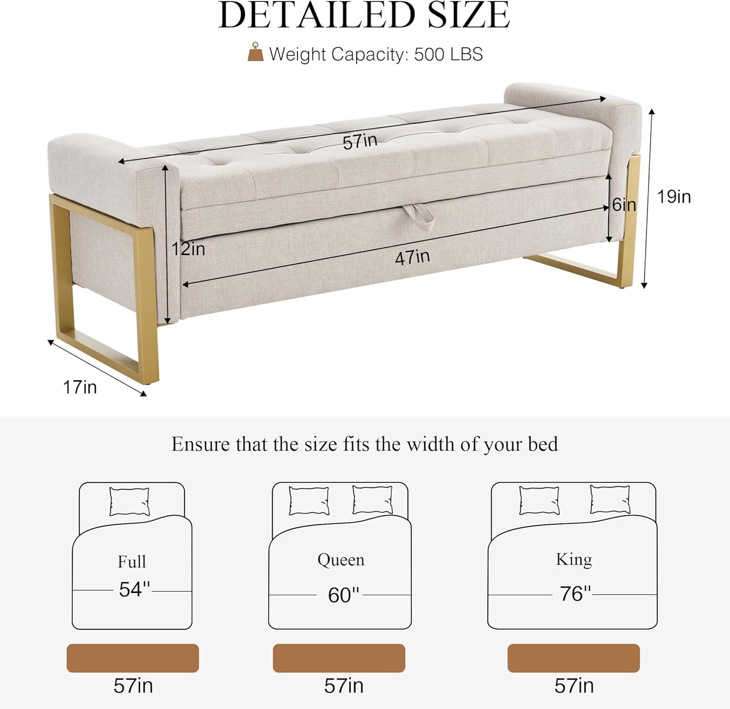 57" Storage Ottoman Bench, Linen Upholstered End of Bed Storage Bench with Metal Legs & Button-Tufted, Large Ottoman with Storage 500 lb Capacity, for Living Room, Bedroom, Entryway, Beige