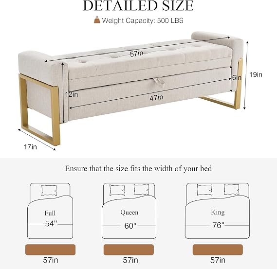 adochr 57 Storage Bench, Linen Upholstered Ottoman with Storage, Large End of Bed Bench with Metal Legs & Button-Tufted,500 lb Capacity, for Living Room, Bedroom, Entryway, Beige