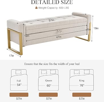 adochr 57 Storage Bench, Linen Upholstered Ottoman with Storage, Large End of Bed Bench with Metal Legs & Button-Tufted,500 lb Capacity, for Living Room, Bedroom, Entryway, Beige