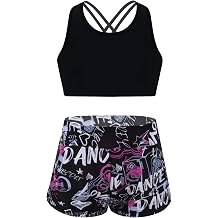 Choomomo Girls 2 Pieces Athletic Sport Suit Criss Cross Soft Crop Top & Print Shorts Set for Running Jogging