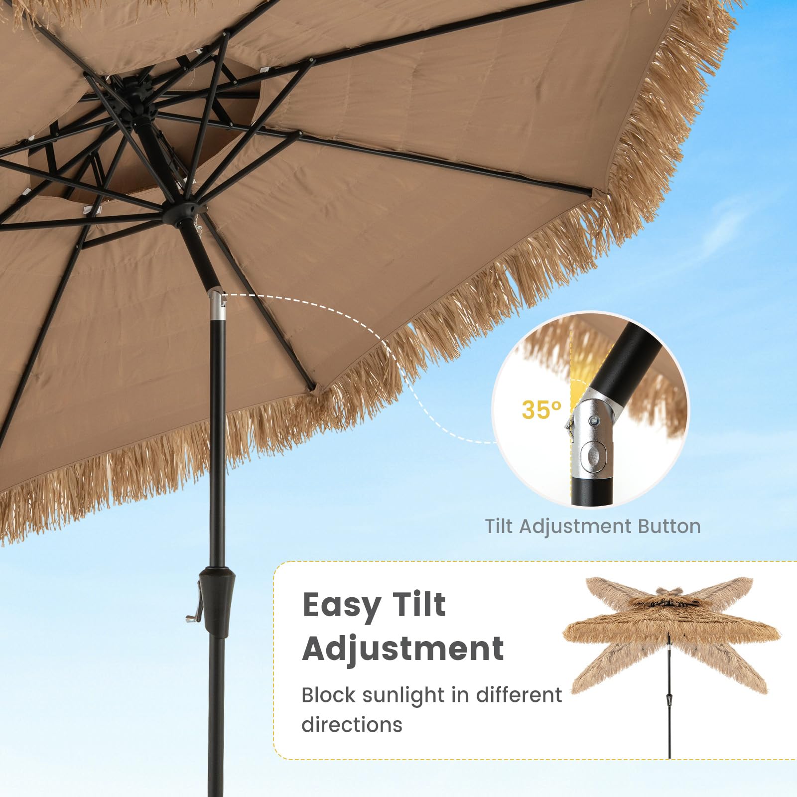 FANTASK Parasol przeciwsłoneczny Hawaii z 2-stopniową regulacją wysokości, doskonałe zacienienie UV, słomiany parasol z podwójnym dachem, odchylany parasol ogrodowy, brązowy, 270CM, Tropikalny