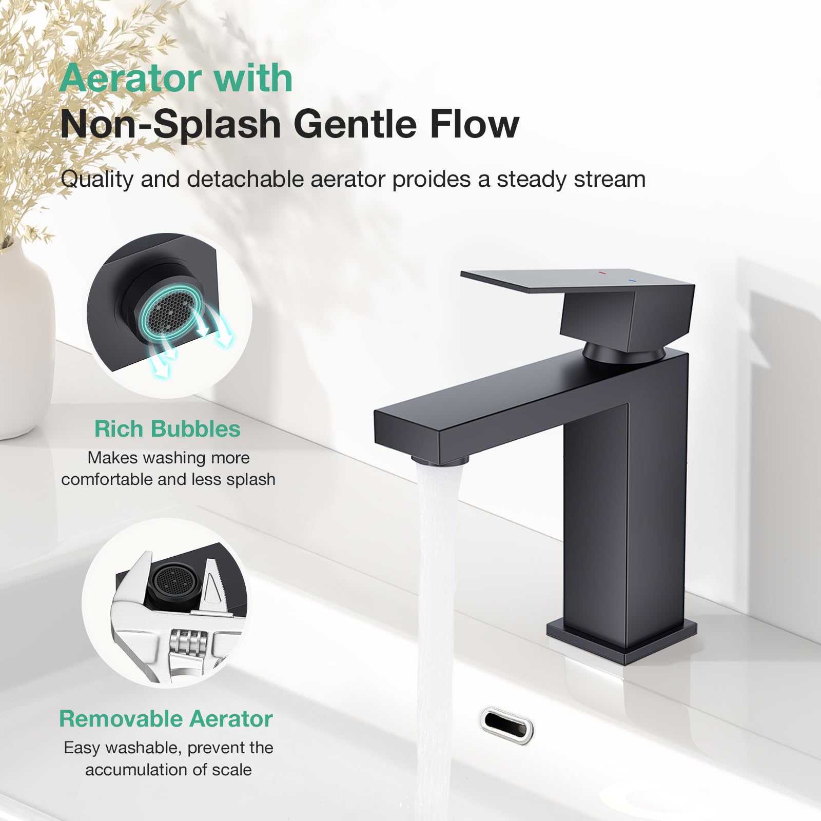 Faustina Grifo de Baño para Lavabo rectangular y Click-Clack Válvula Desagüe con Rebosadero, Grifo para Baño Mezcla dor Monomando Cuadrado con Vaciador Acero Inoxidable, Negro Mate
