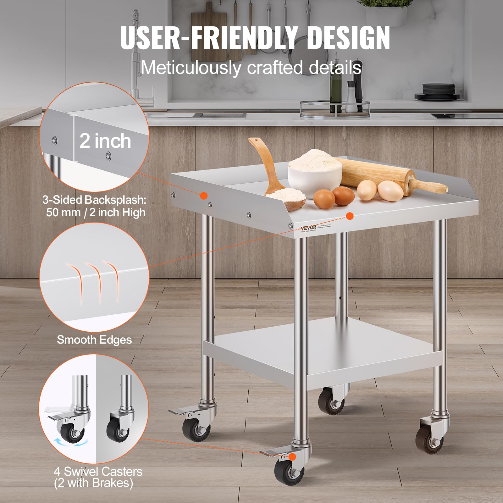 VEVOR Trabajo de Acero Inoxidable Mesa Comercial para Preparación de Alimentos con 4 Ruedas Salpicadero de 3 Lados 610x610x762 mm para Restaurante