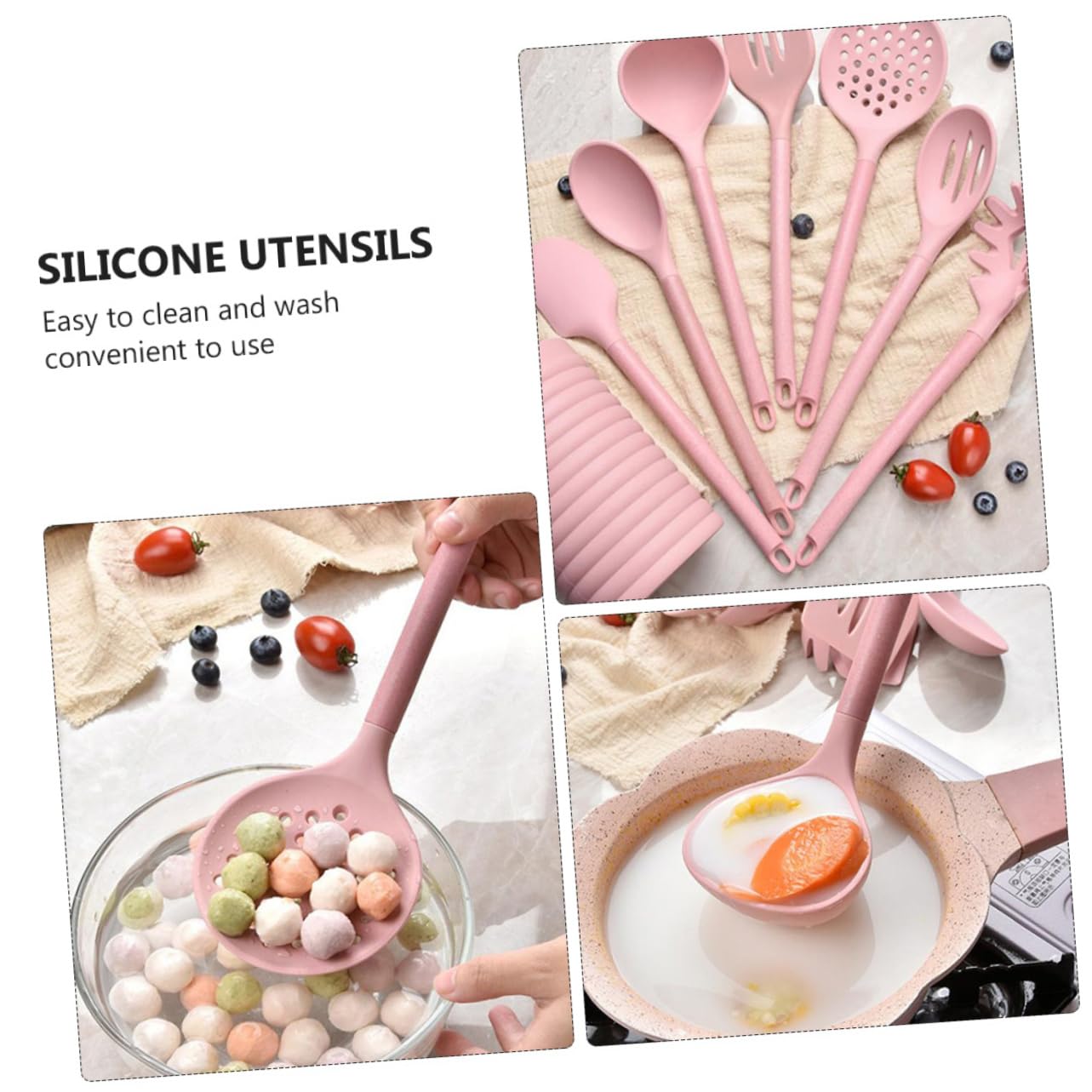 Alipis Ustensiles De Cuisine Silicone Avec Manche Bois Spatule Pelle Passoire Et Cuillère