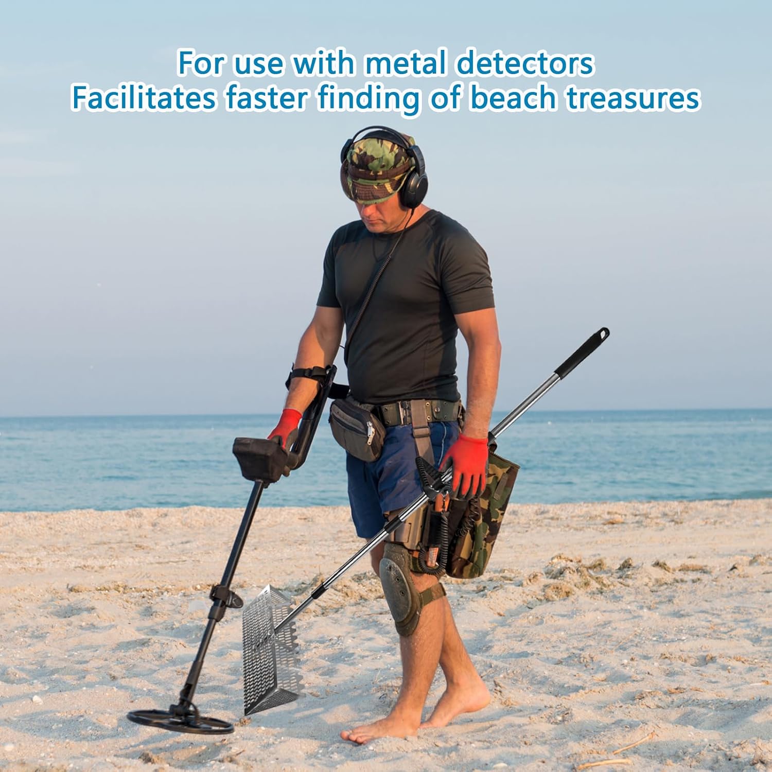 Sand Flea Rake Set, Sand Sifter for The Beach, Stainless Steel Shark Tooth Sifter, with 16" Width Basket Metal Detecting Tool with Anti Slip Handle for Collecting Seashells