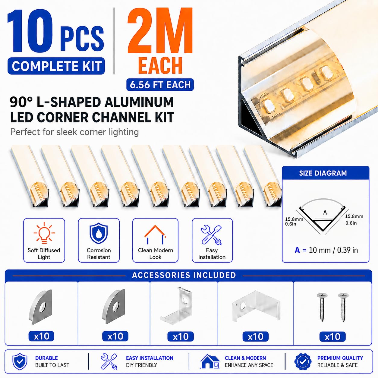 LED Corner Profile 2 m x 10 Pieces V-Shape 90 Degree Aluminium Rail with Diffuser and Holder Aluminium Profile for LED Strips up to 10 mm Channel for Corner, Stairs, Cupboard