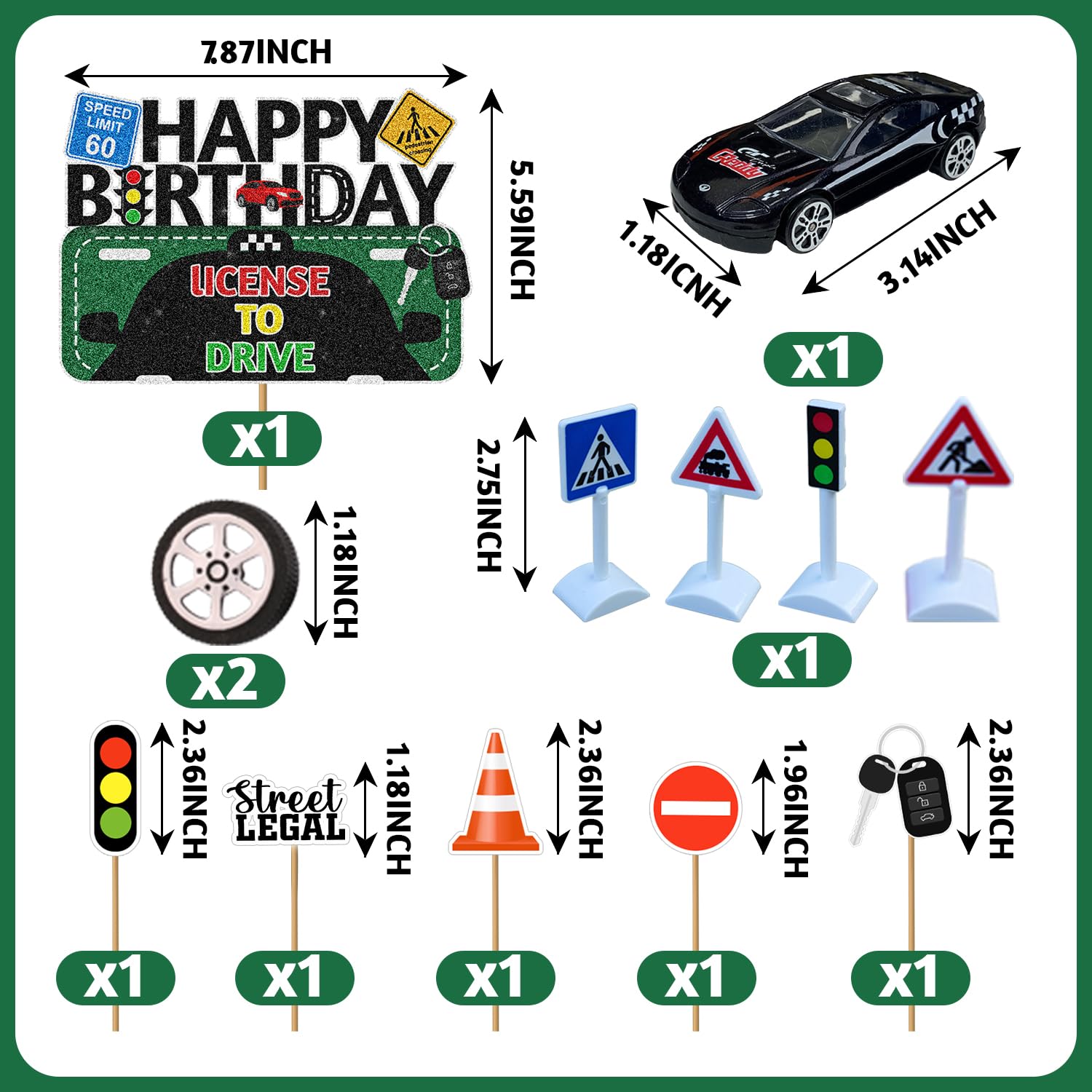 Lot 13 Décorations Gâteau Anniversaire Permis De Conduire – Pailletées, Thème Voiture & Panneaux Routiers, Pour 16, 17 Ou 18 Ans, Fête Nouveau Conducteur