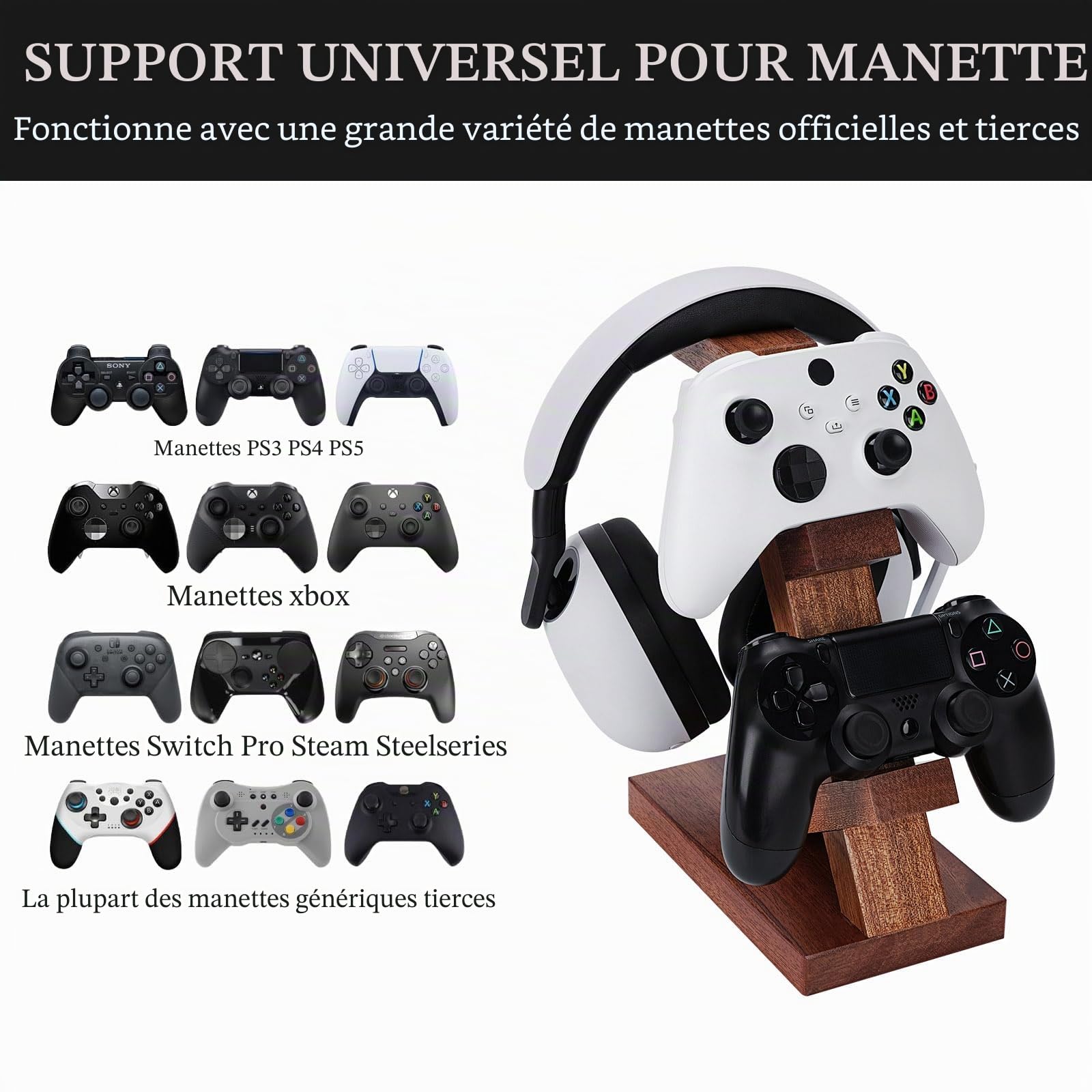 Geekria Support de Manette de Jeu Double en Bois Massif et Support de Casque, Support de Rangement de contrôleur pour PS4/PS5/Xbox/Switch/8BitDo, Accessoires de Jeu de Bureau universels