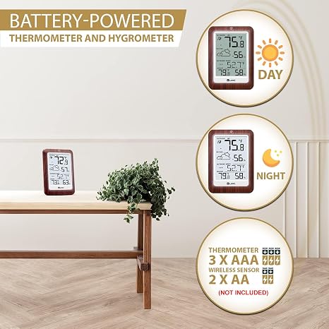 Indoor Outdoor Thermometer Wireless Weather Station, Temperature Humidity Monitor Battery Powered Inside Outside Thermometers with 330ft Range Remote Sensor and Backlight Display(Dark Wood)