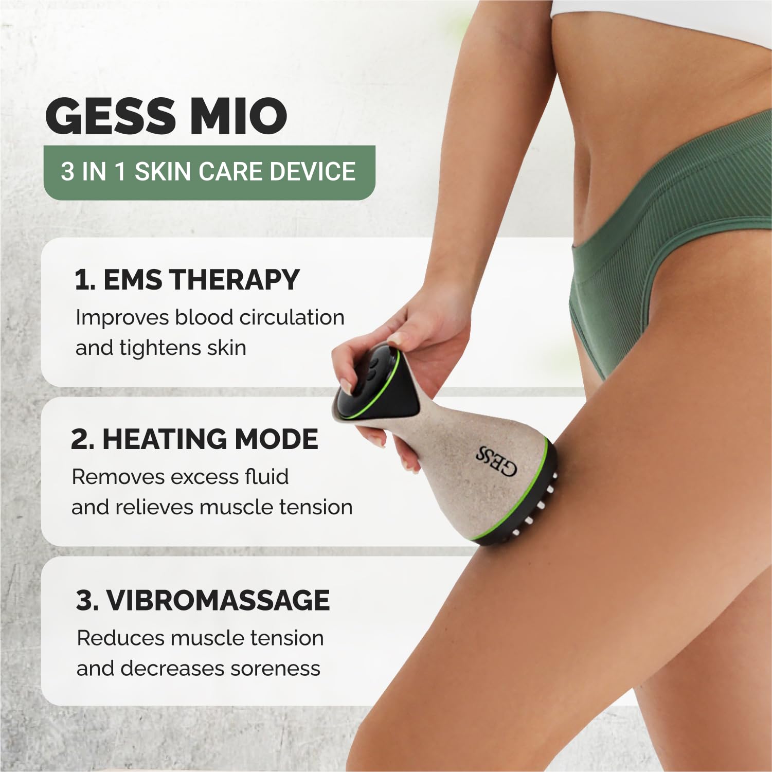 GESS MIO Massaggiatore EMS per Modellare e Tonificare Corpo - 9 Modalità di Intensità, Anti-Cellulite, Massaggio Vibrante per Gambe, Glutei, Collo e Detox