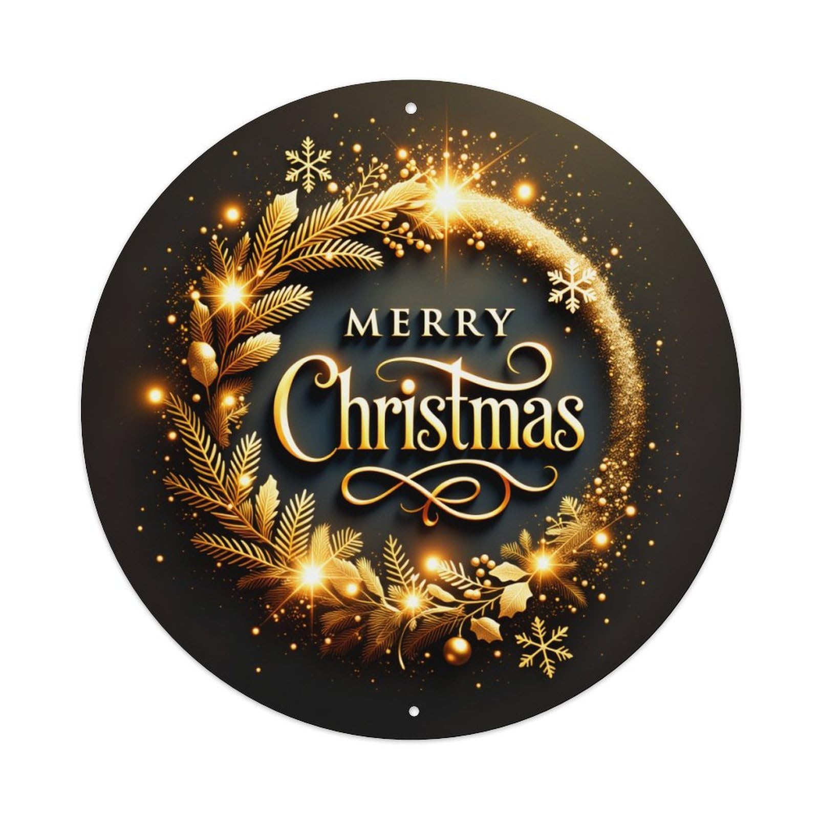 Golden Wreath Snowflakes Sparkles Christmas Greeting Round Vintage Tin Sign,Retro Wall Art,Metal Poster for Home, Bar, Garage, Cafe, Rustic Indoor & Outdoor Decor, 8x8 Inches