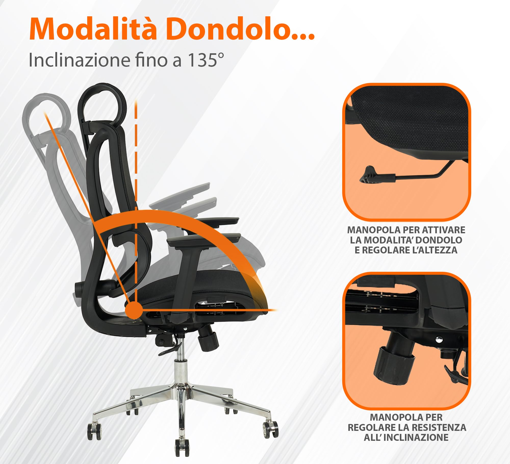 IlGruppone Sedia Ufficio Ergonomica Professionale Schienale Alto in Rete Gaming Poltrona Direzionale Altezza Regolabile Portata 150 kg con Supporto Lombare e Braccioli Regolabili - Nero