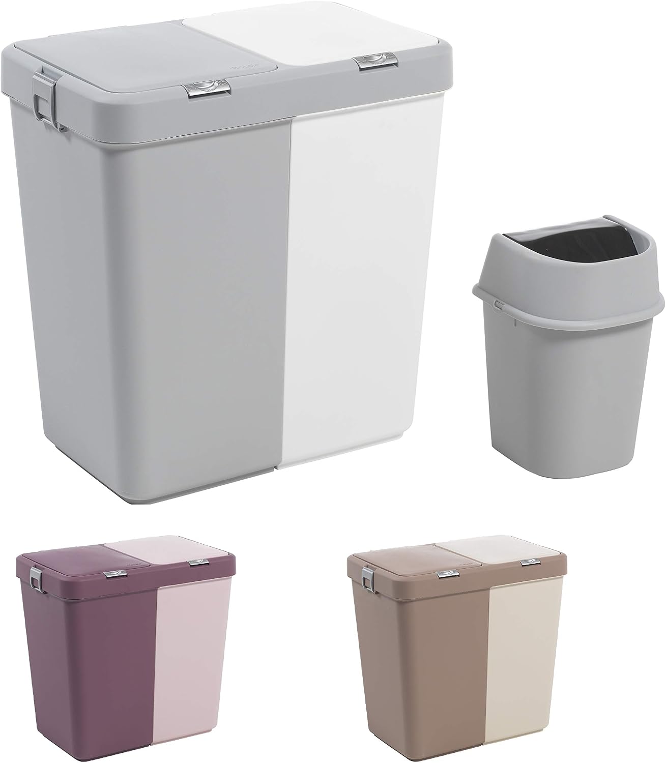 Mabel Home Plastic Laundry Hamper with Lid, 2 sections, Large Laundry Basket – Extra Trash Bin (1,6 Gallons) inc. & 3 Colour (White-Grey)
