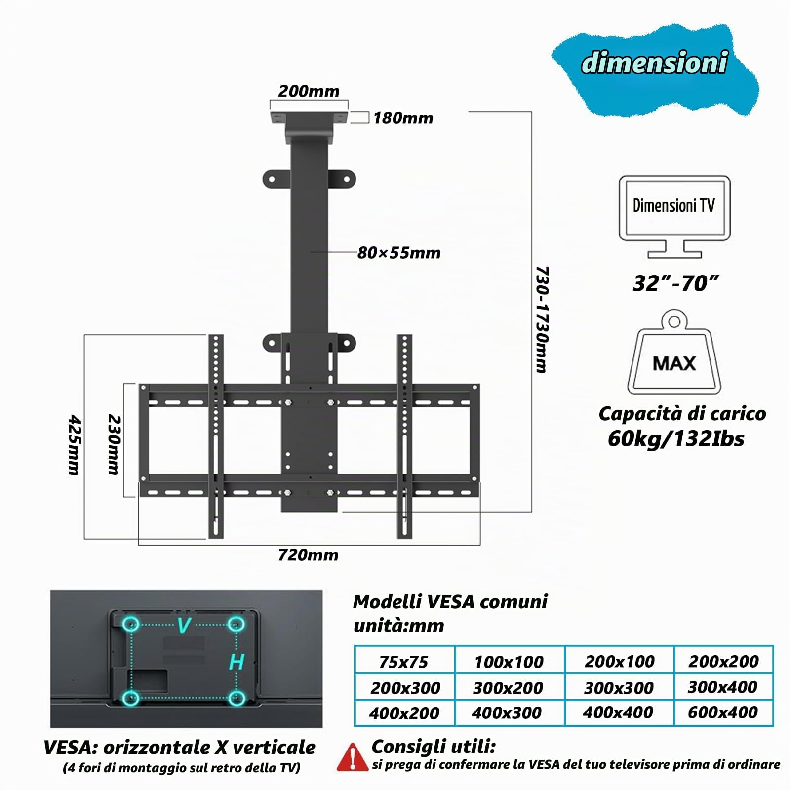 supporto tv motorizzato per schermi al plasma/LCD/LED da 32-70 pollici, Sollevamento automatico supporto tv soffitto with telecomando, Max VESA 600x400 mm, che Regge fino a 60 kg (730-1730mm)