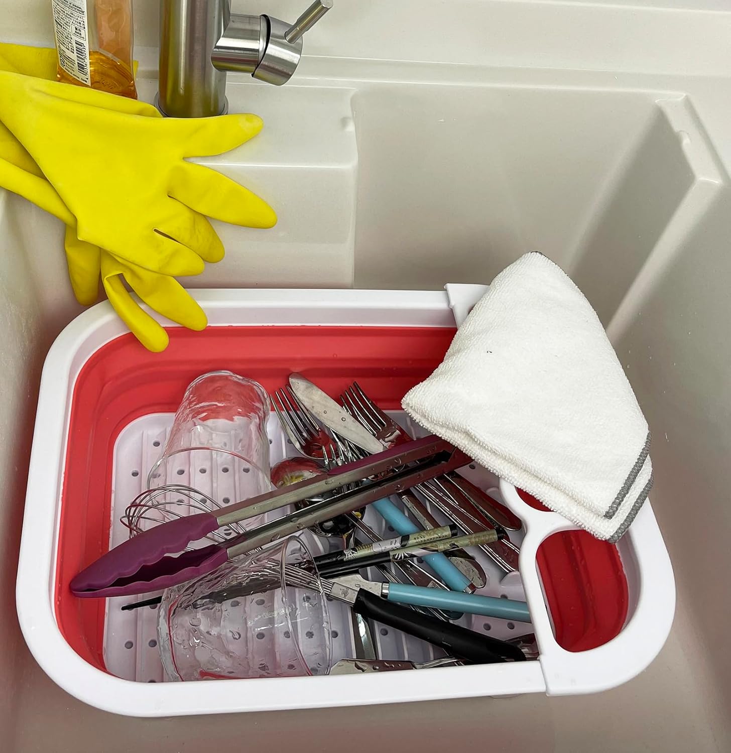 SAMMART 7.5L (1.98 Gallons) Collapsible Dish Drainer with Drainer Board - Foldable Drying Rack Set - Portable Dinnerware Organizer - Space Saving Kitchen Storage (2, White/Coral Pink)