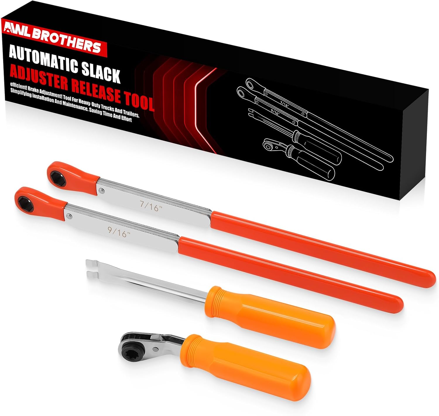 Air Brake Adjustment Tool Kit 4-PCS Set for Heavy Duty Trucks, with Ratcheting Wrenches (5/16" 7/16" 9/16") and Fork End Release Tool for Long Haul Trucks & Trailers