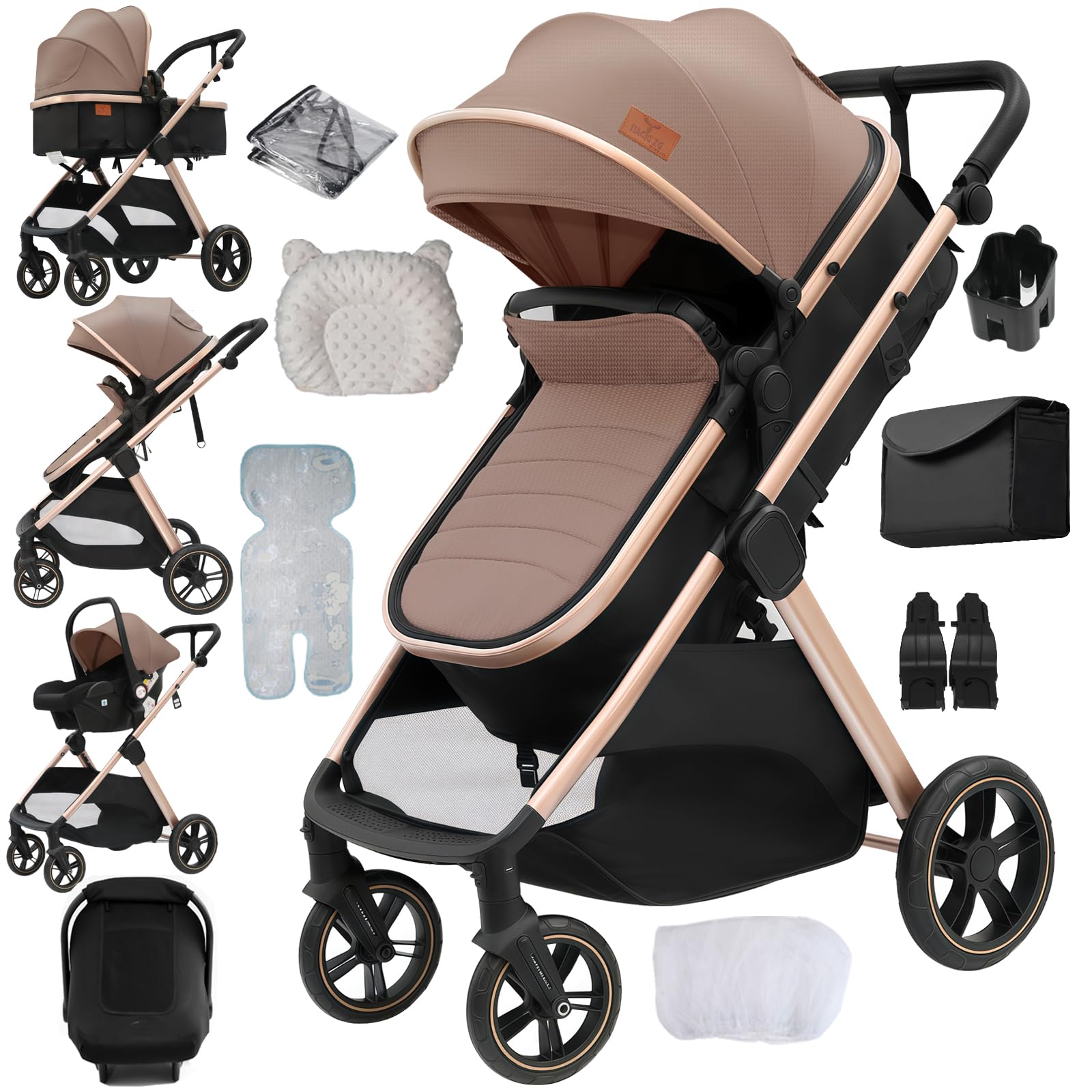 Aveainelle 3 in 1 Baby Stroller, One-Click Folding Pushchair Pram, Travel System Reclining and Reversible, Infant Buggy with Complete Accessories, Front and Rear Wheel Dual Brake Mode (Black)