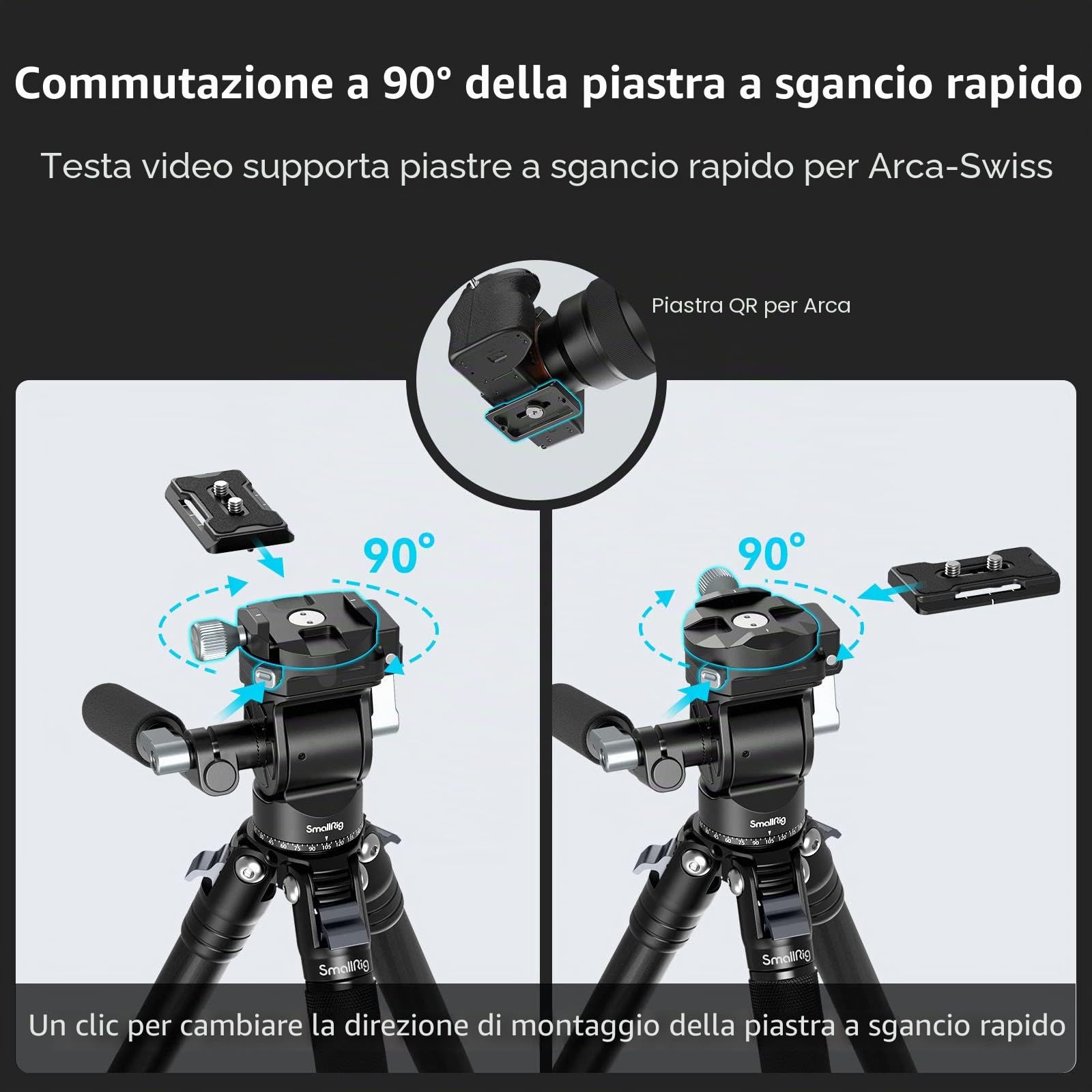 SMALLRIG Testa per Treppiede Video per Riprese Verticali/Orizzontali, Testa Fluida Pan Tilt con Piastra QR per Arca, Carico Massimo 5 kg / 11 Libbre per Videocamera, Mirrorless, DSLR - 4104