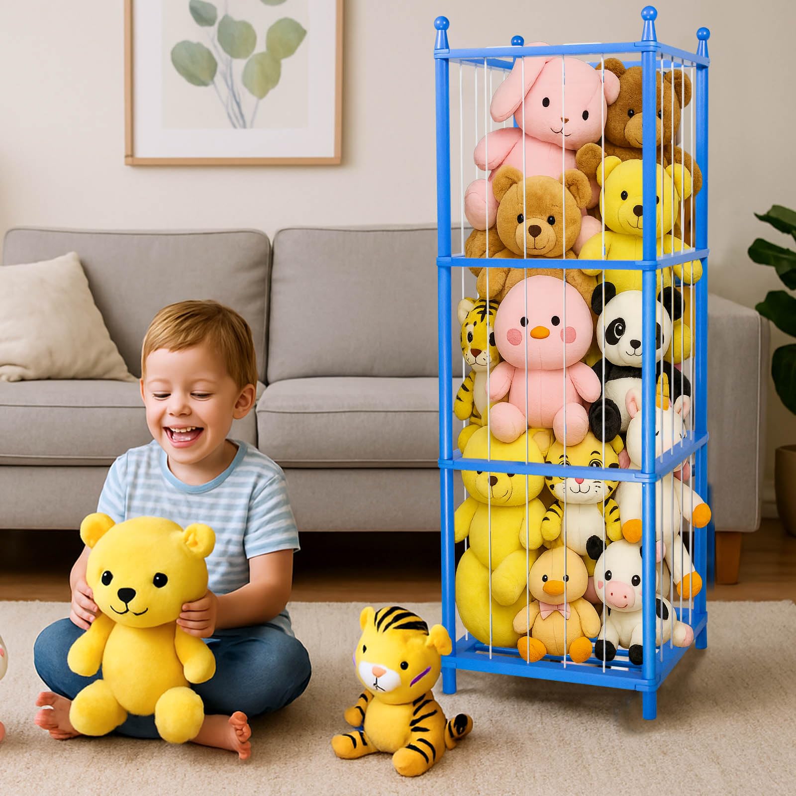 GZQXHOME Stuffed Animal Storage,Wooden Stuffed Animal Holder with Elastic Band,Plushies Organizer for Nursery Play Room Bedroom (Blue)