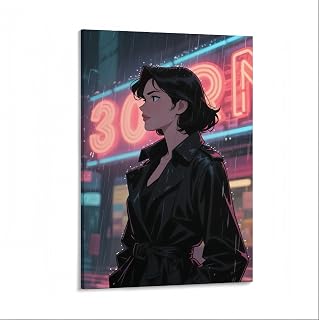 Decorative Interior Frame Painting 80s Anime Illustration High-Contrast Neon Portrait Durable Canvas Easy Hang Kit for Living Room Bedroom Office Wall Decor (wall painting-D,08×12in)