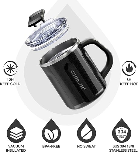 Vista 2 de Ideus 16 oz Coffee Cup, Stainless Steel Coffee Travel Mug, Spill Proof Tea Mug with Handle and Lid, Lightweight and Durable, Great for Office Home