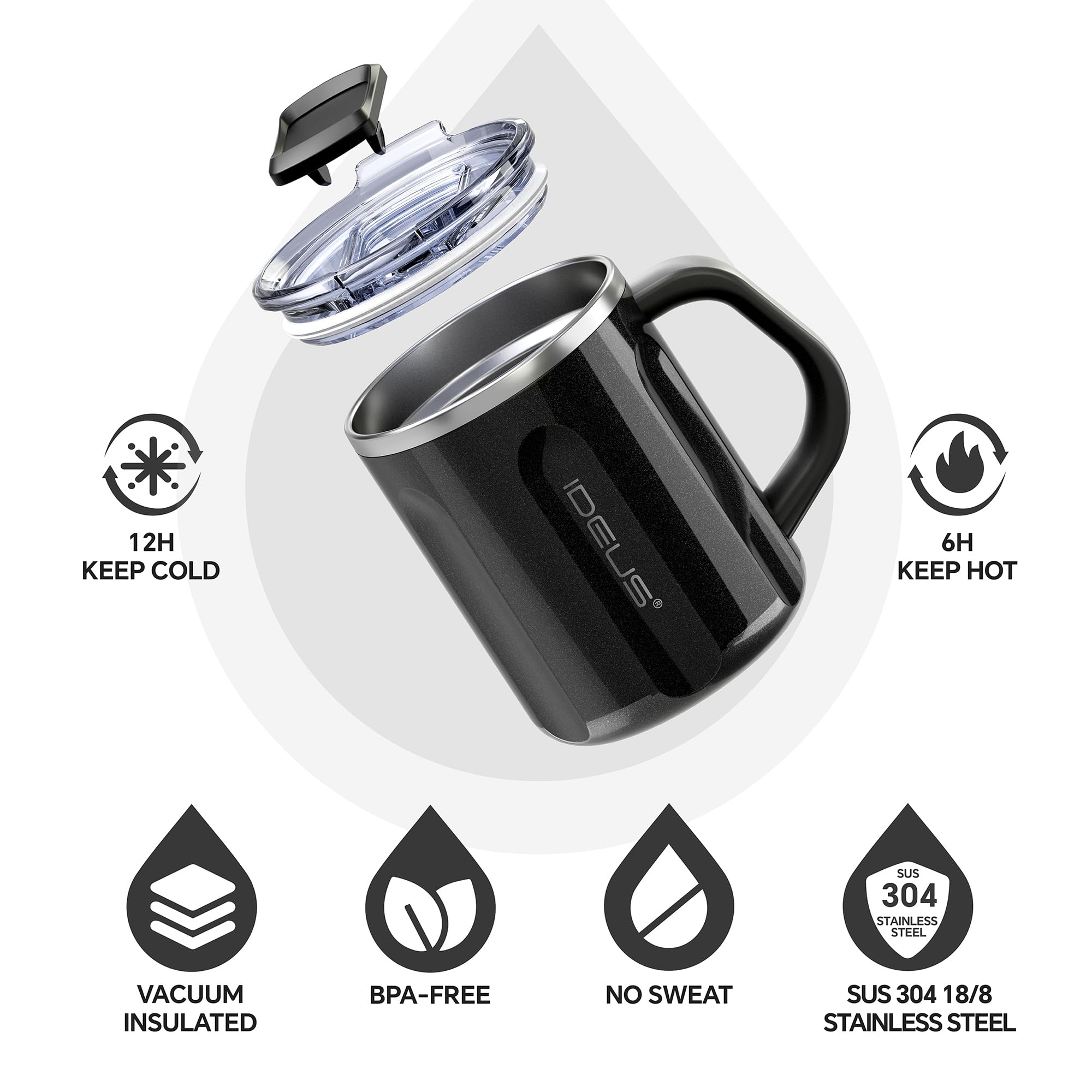 Ideus Taza de café de 16 onzas, taza de viaje de café de acero inoxidable, taza de té a prueba de derrames con asa y tapa, ligera y duradera, ideal para oficina, hogar y uso al aire libre, color negro