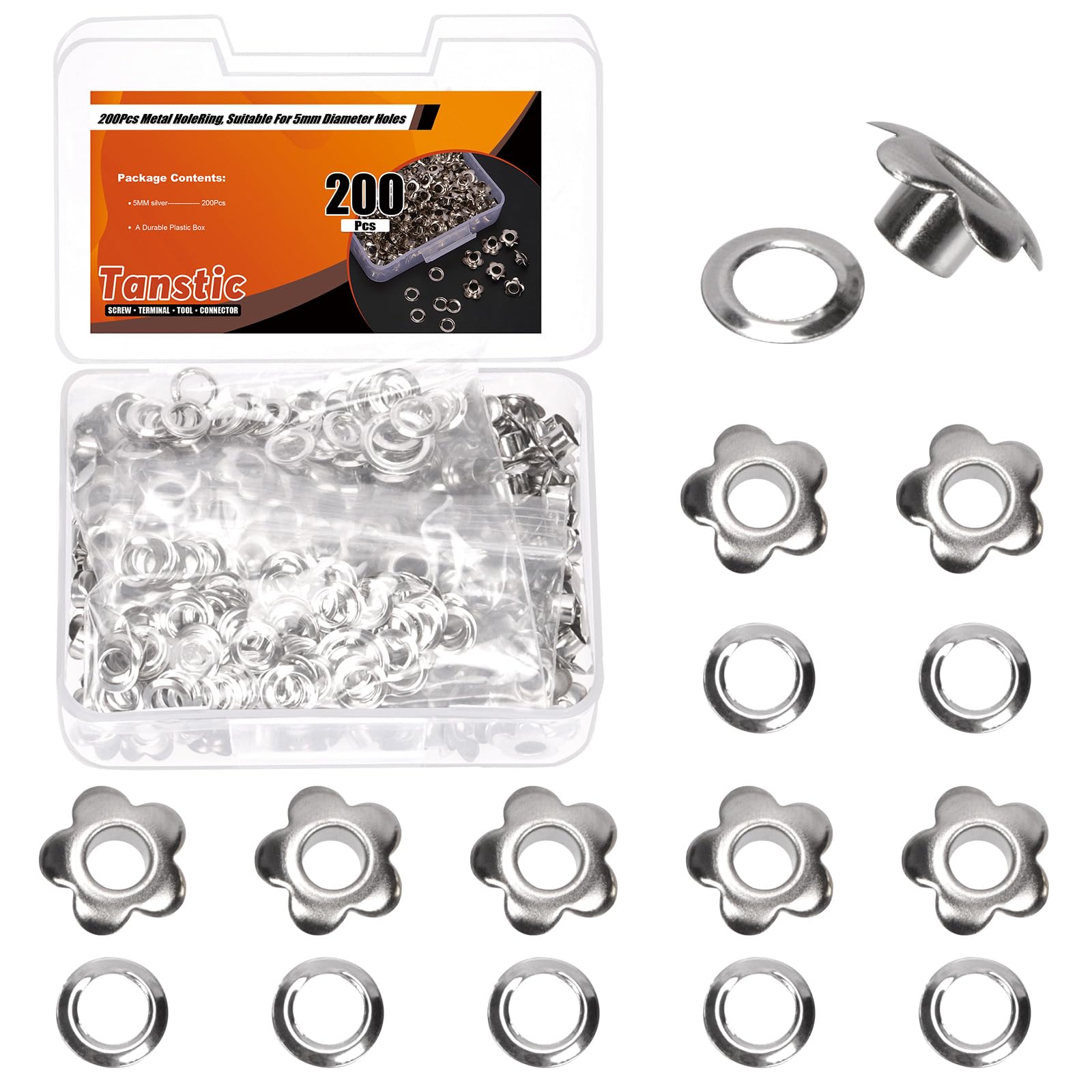 Tanstic 200Pcs 3/16 Inch Grommet Eyelets Metal Eyelets Flower Eyelet Grommets for Shoes Bag Leather (Sliver)