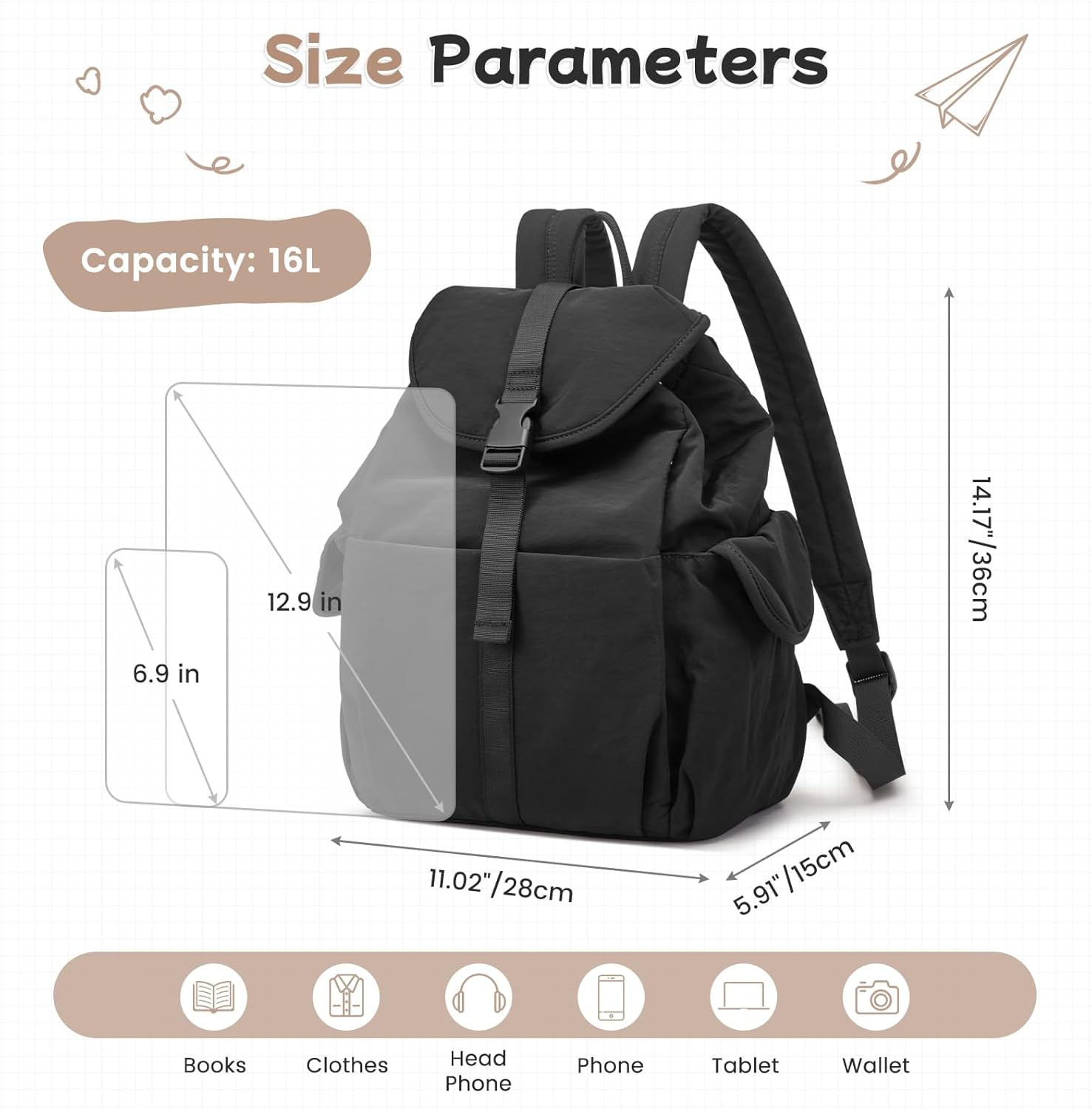 G4Free Small Backpack for Women, Nylon Casual Daypack for Work Travel Campus, Black