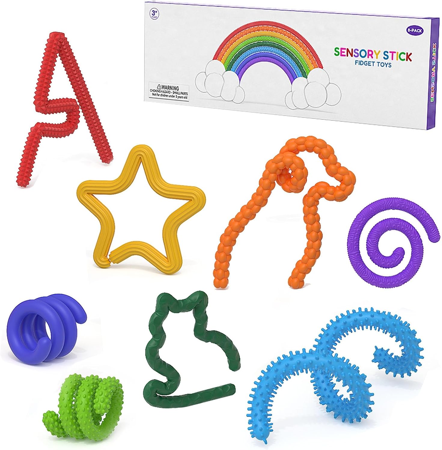 Sensory Fidget Toys, 8PCS Sensory Stick, Textured Calming Sensory Toys, Tangle Fidget Toy, Anxiety Relief Calm Down for Autistic ADHD