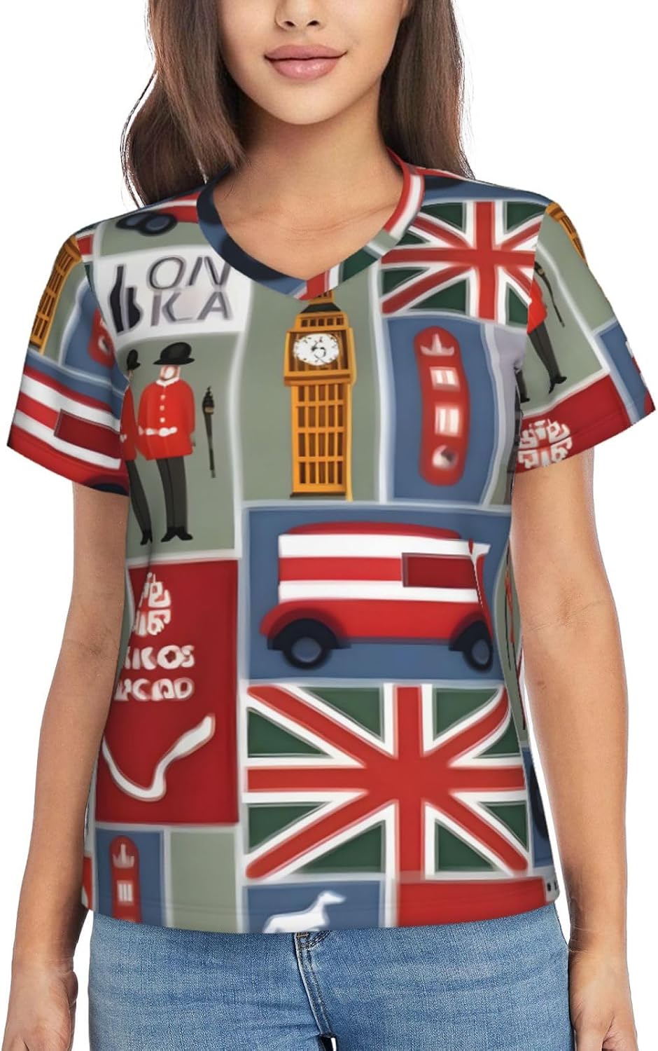 Womens England Symbols Print Short Sleeve V Neck T-Shirts Casual Breathable Tee Basic Summer Tops 2026