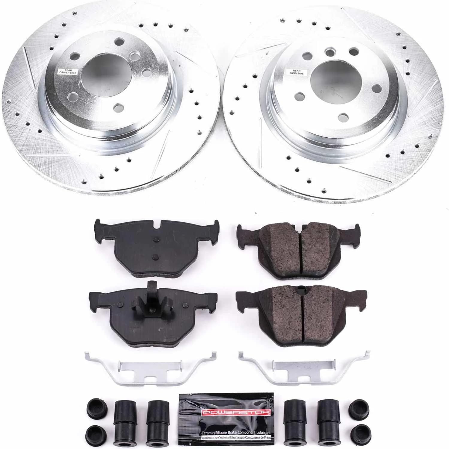 Power Stop K045 Rear Z23 Carbon Fiber Brake Pads with Drilled & Slotted Brake Rotors Kit and 1 Rear Sensor Wire For BMW 3, BMW 33, BMW 335d, BMW 335i, BMW 335i xDrive, BMW 335xi [Model Specific]