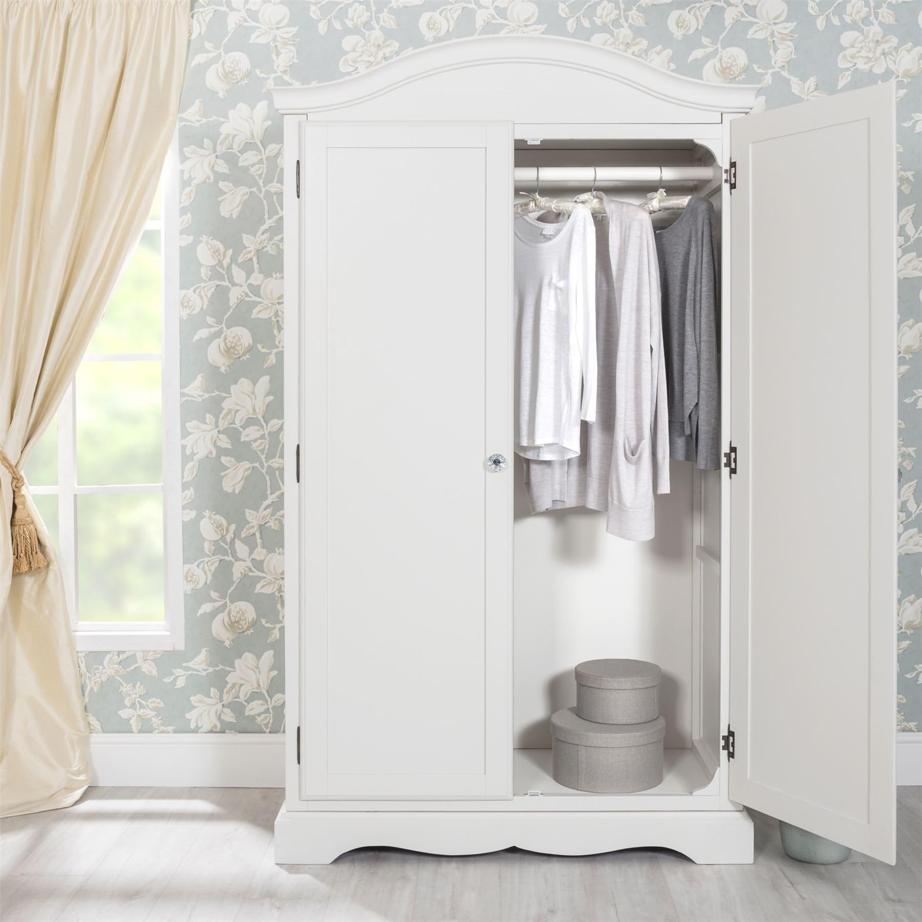 Romance Antique White Full Hanging Wardrobe with Curved Top and Crystal Handles