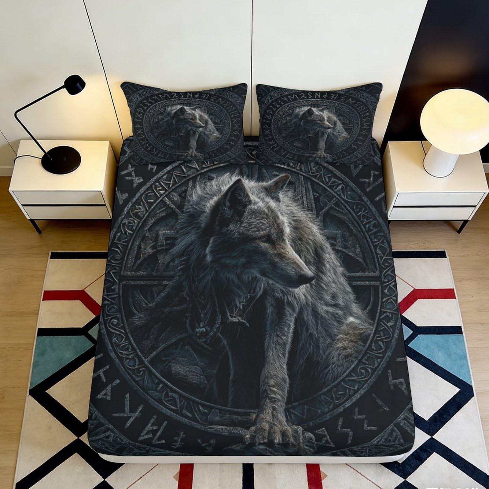 3D Printed Wolf Pattern Fitted Sheet Microfiber Elastic Hem Bedroom Bedding Wolf Mattress Fitted Cover Deep Pocket Non-Slip Washable for Adults Teens 140x200x25cm
