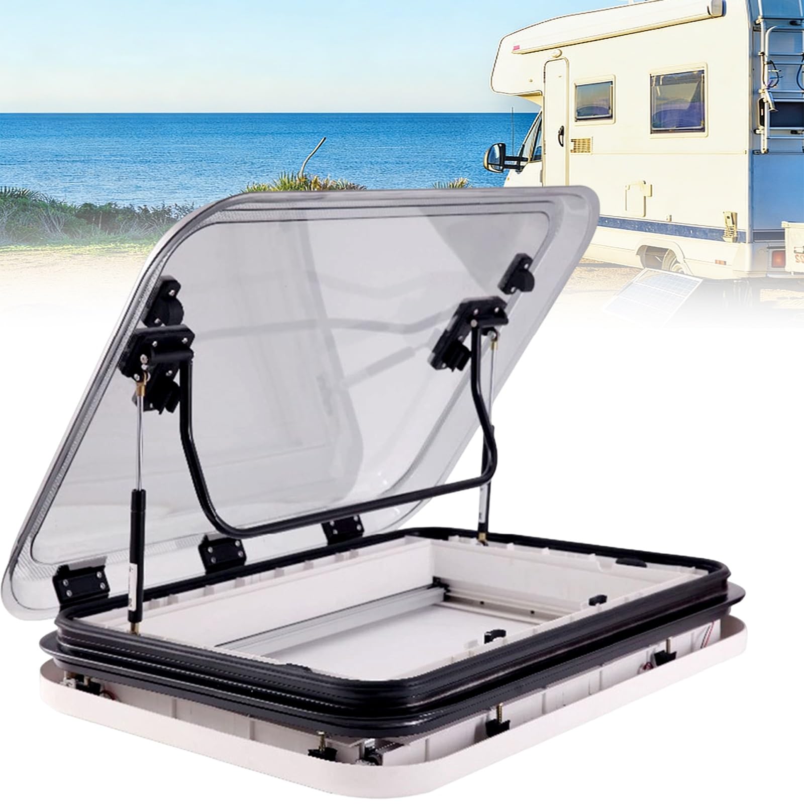 Ventilazione per tetto di camper, oblò con ventilazione forzata + LED, spessore del tetto 25-60 mm, finestra da tetto in lega di alluminio per roulotte e camper(700 * 500mm (27.6 * 19.7in))