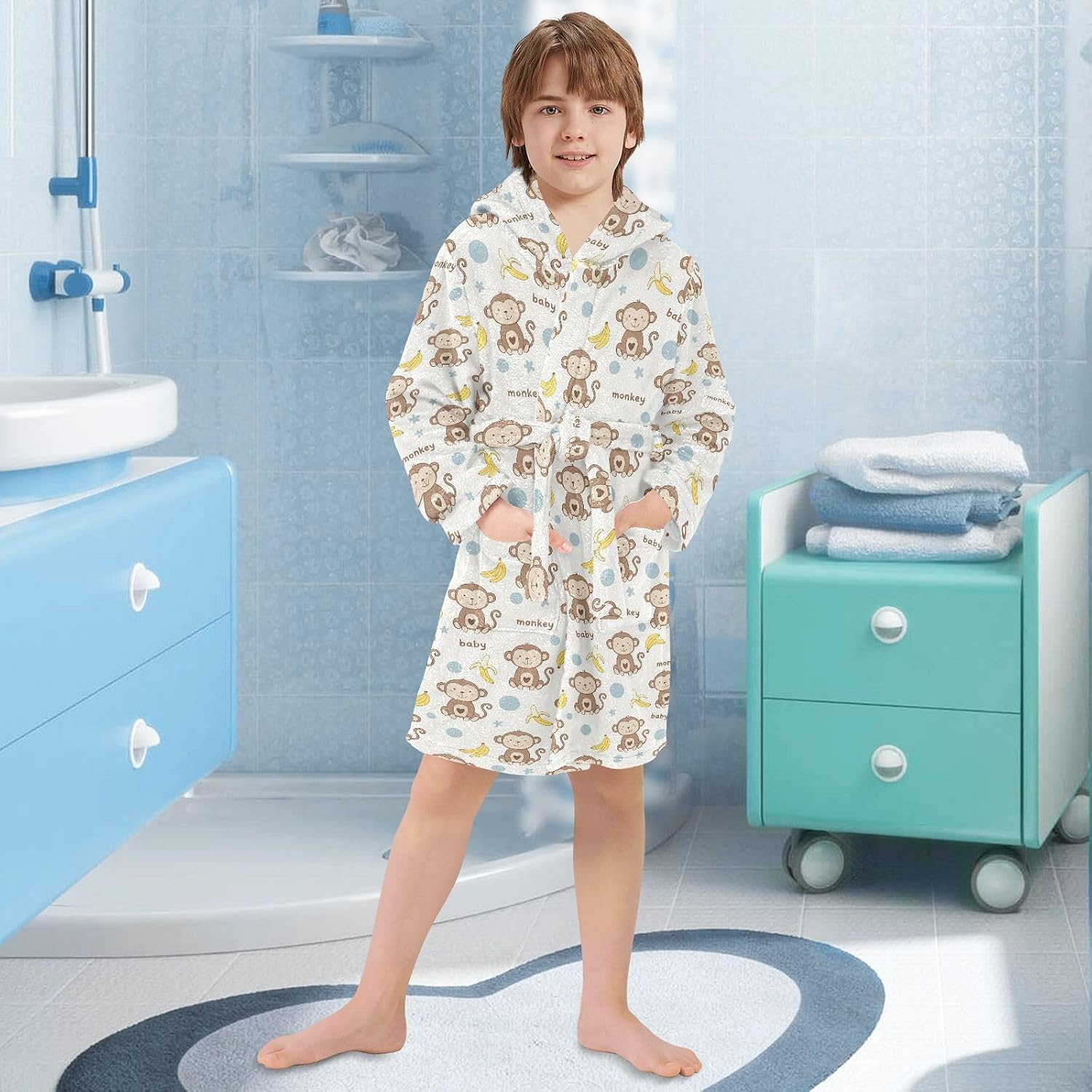 senya Cute Monkey Banana Toddler Hooded Bathrobe Kids Soft Plush Bath Towel Robes for Boys Girls 2-12 Years