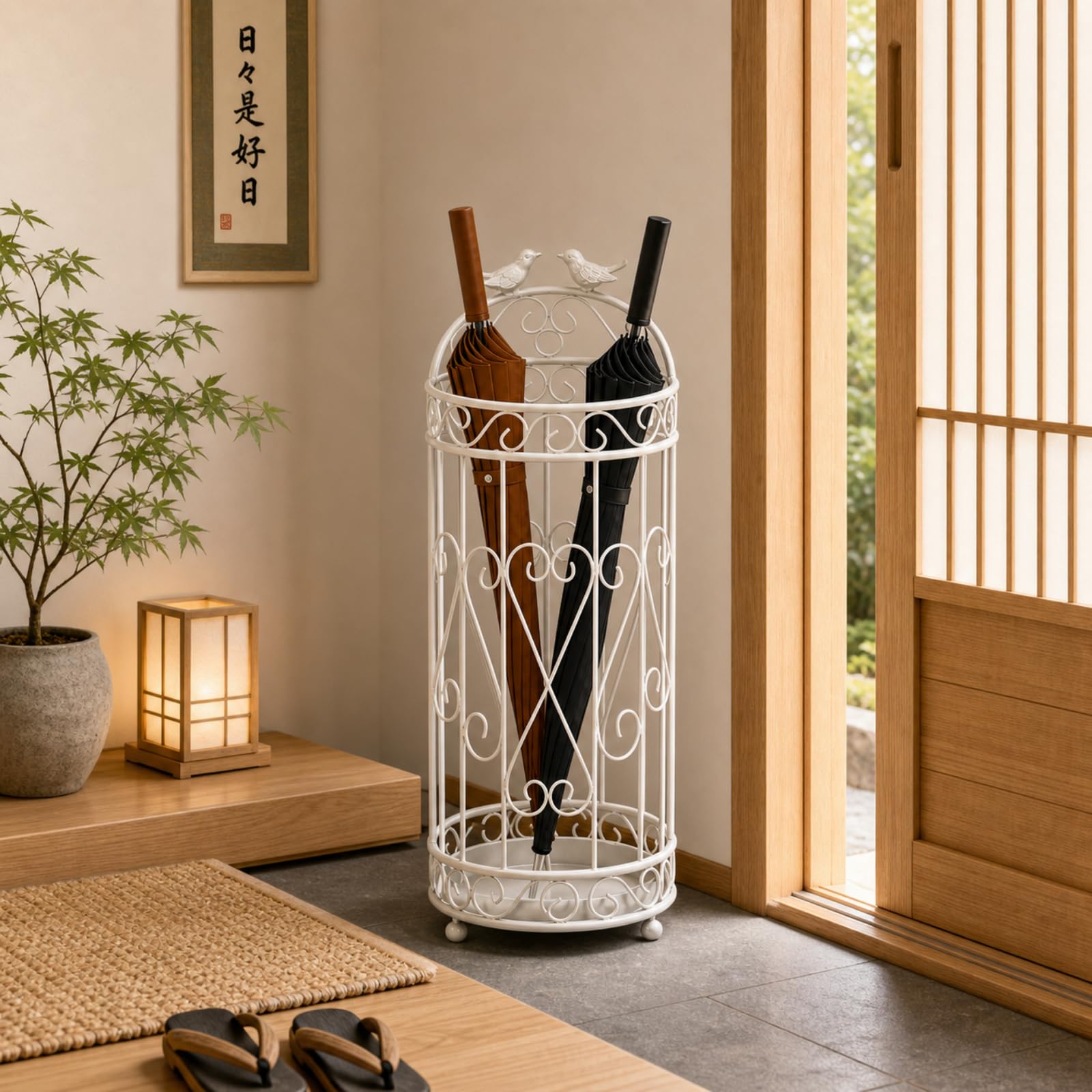 Amazon｜傘立て 白 アイアン スリム 鳥モチーフ 水受け皿付き