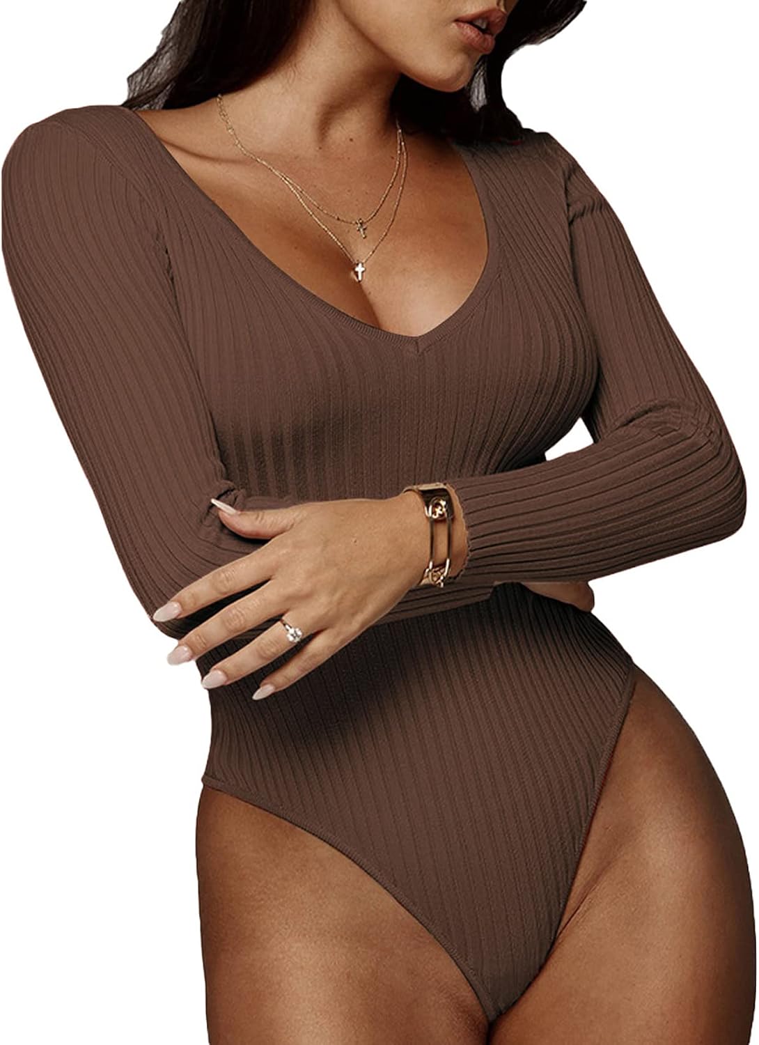 Womens Sexy V Neck Bodysuit Basic Ribbed Long Sleeve Jumpsuits Tops For Women Fall Tops