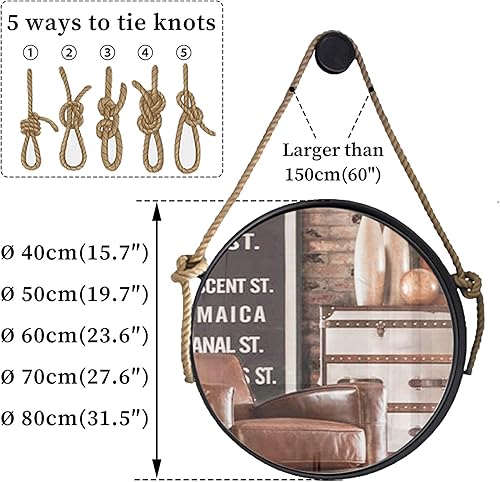 Miniatura 7 de Espejo de pared contemporáneo con correa para colgar cuerda de cáñamo Marco de metal negro Espejo redondo de maquillaje para decoración de pared