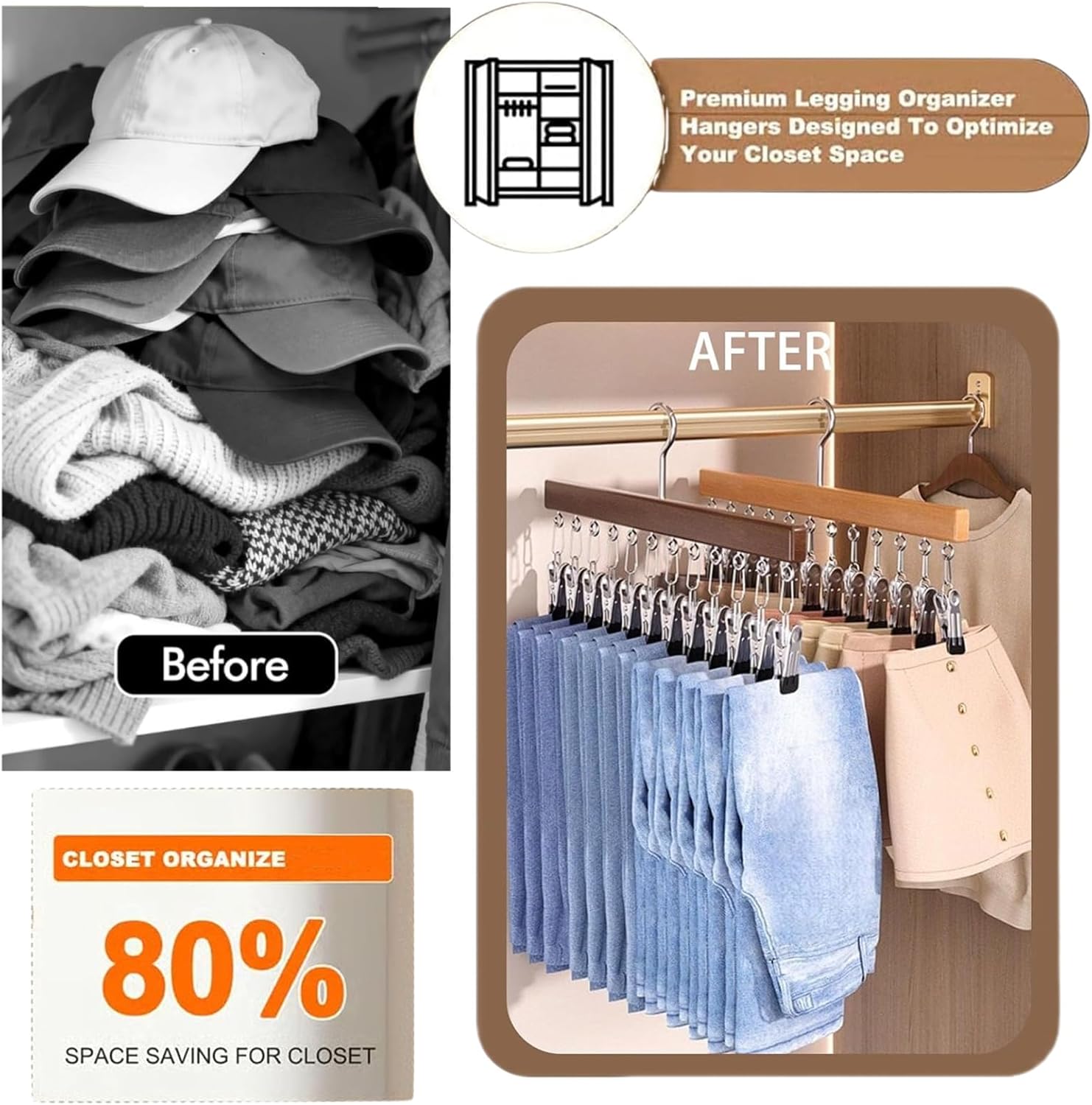 Hanging Legging Organizer for Closet,Wooden Yoga Pants Hangers with 10 Clips,360° Rotating Space-Saving Closet Organizer for Leggings, Scarves, Hats, Socks, Bras (3)