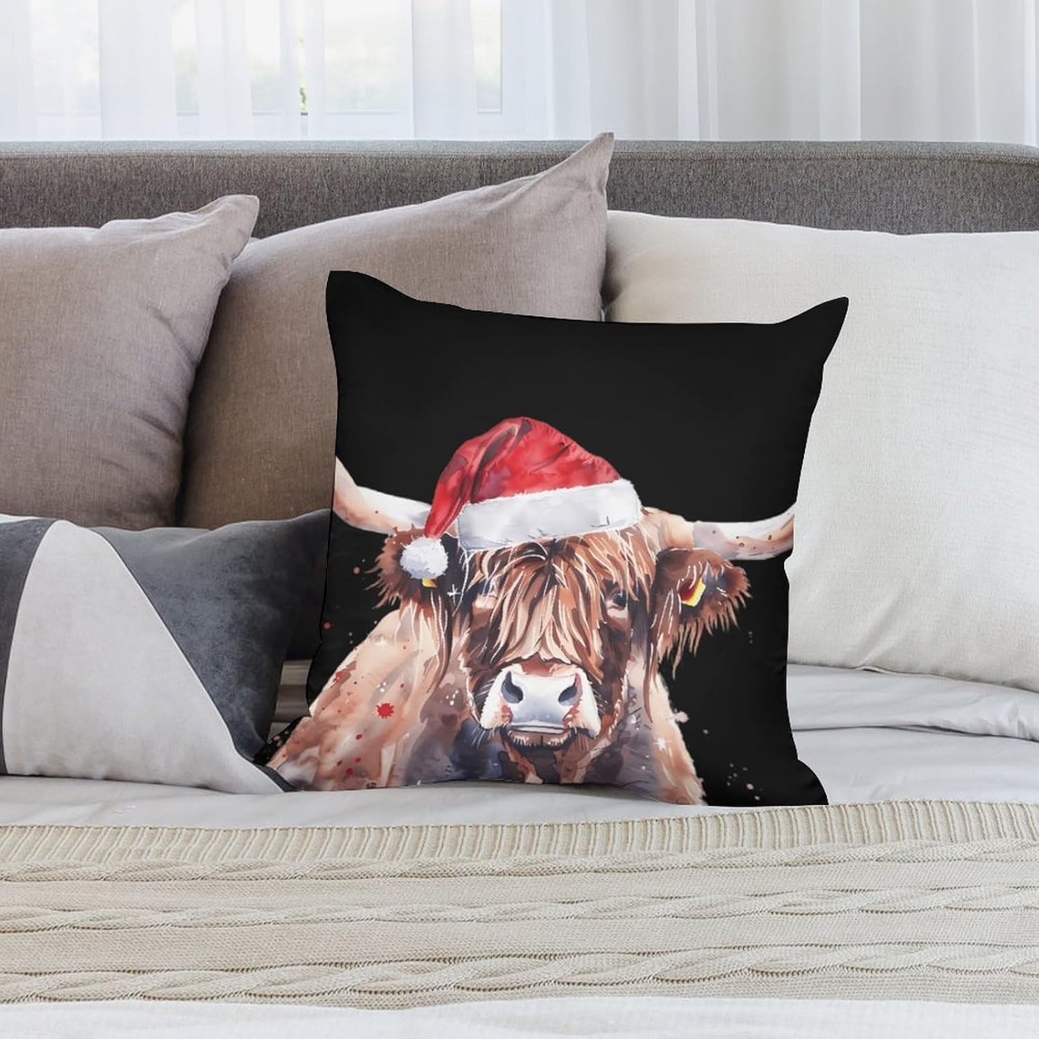 Highland Cow with Santa Hat Watercolor Printed Throw Pillow Case 4 Pcs Soft Pillowcases Pillows Covers Sofa Bed Decor 12/14/16/17/18/20/22/24/32 Inches