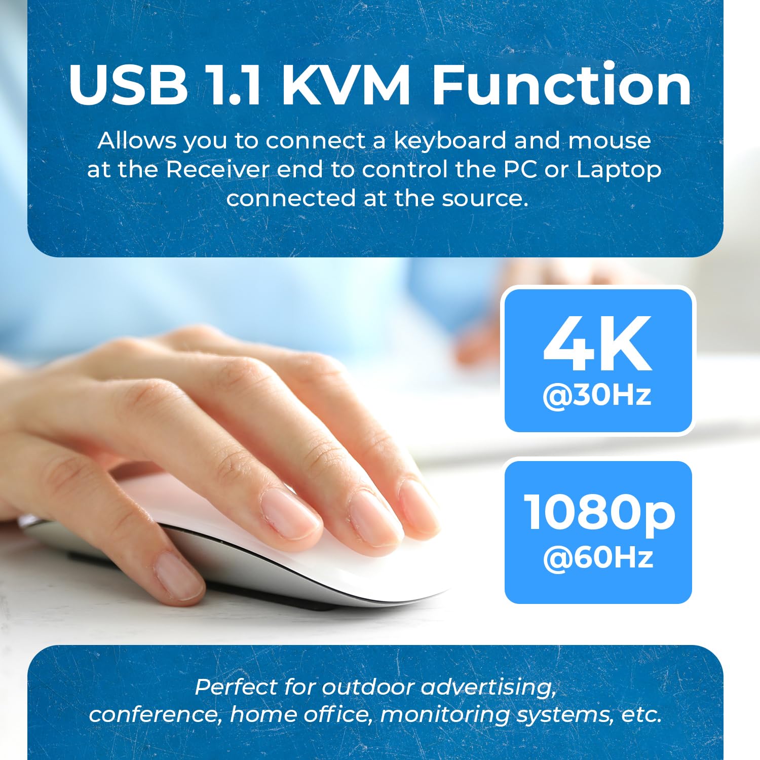 OREI KVM 4K HDMI Extender Balun sur un seul câble Ethernet CAT6/7 4K, 30 Hz jusqu'à 40 m – 2 ports USB 1.1, prend en charge le clavier et la souris