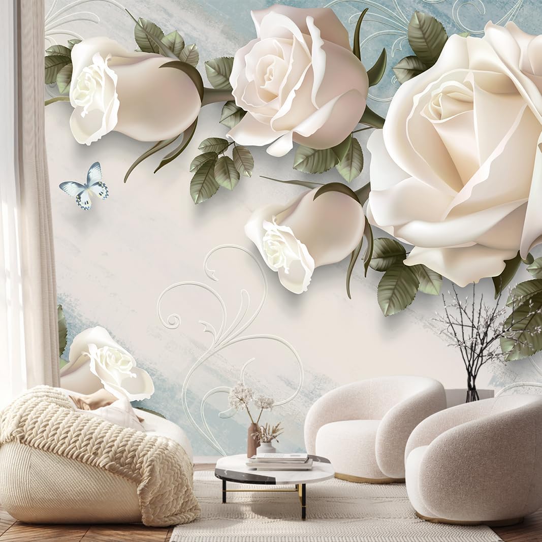 Floral Wallpaper 3D White Rose Butterfly Wall Mural Wallpaper for Bedroom Living Room (Not Peel n' Stick)